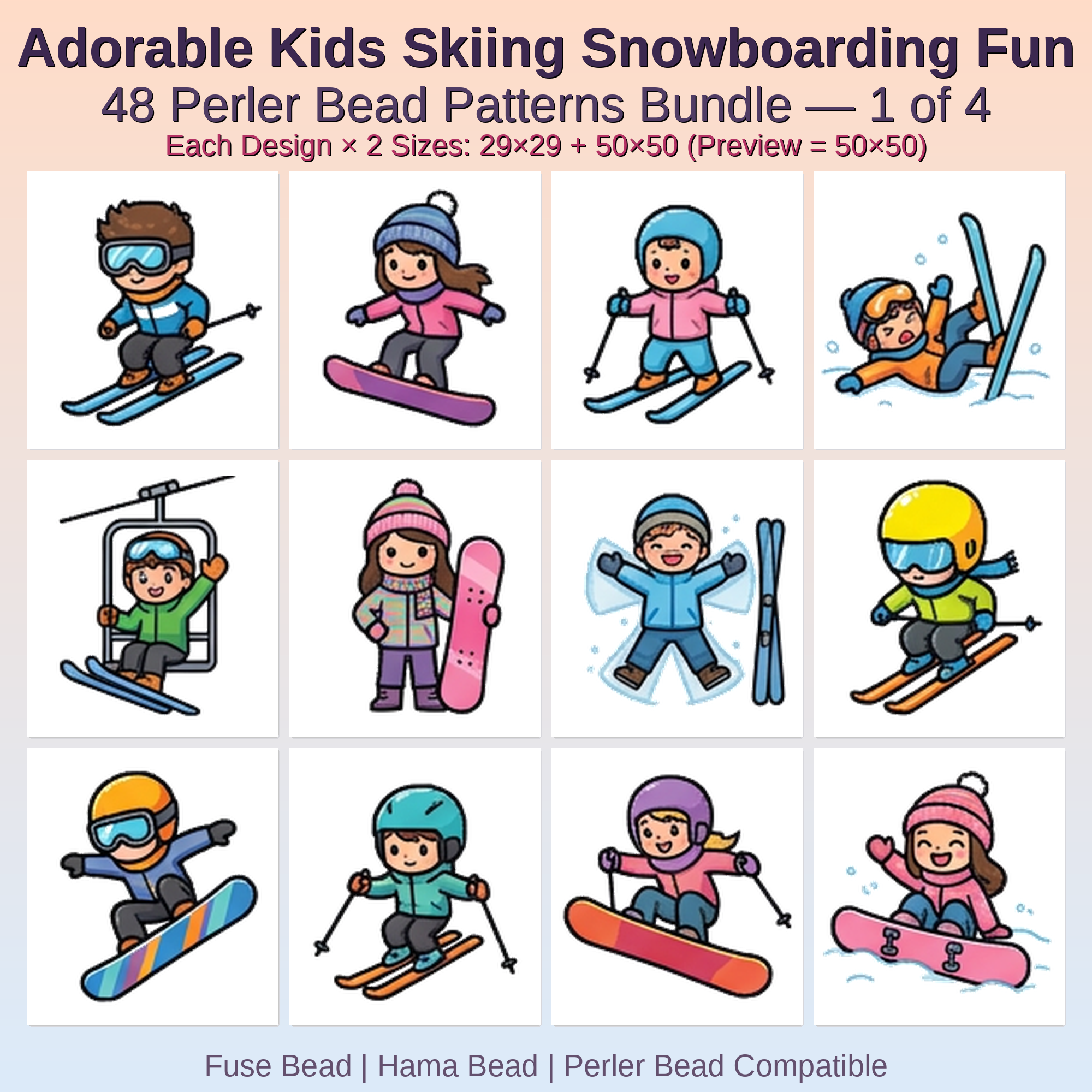 Adorable Kids Skiing Snowboarding Fun Perler Bead Patterns Bundle, 48 Designs (PDF Digital Download)