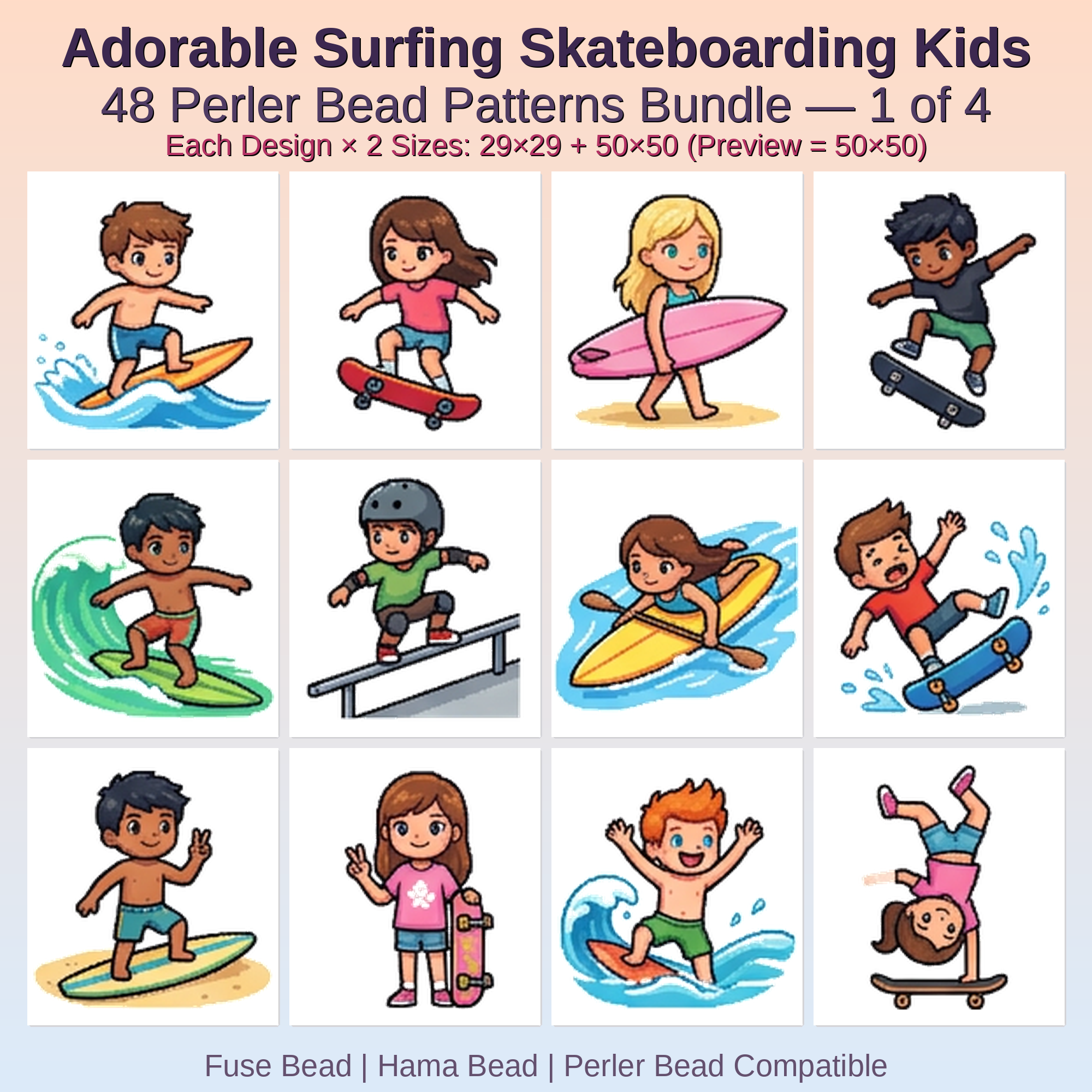 Adorable Surfing Skateboarding Kids Perler Bead Patterns Bundle, 48 Designs (PDF Digital Download)