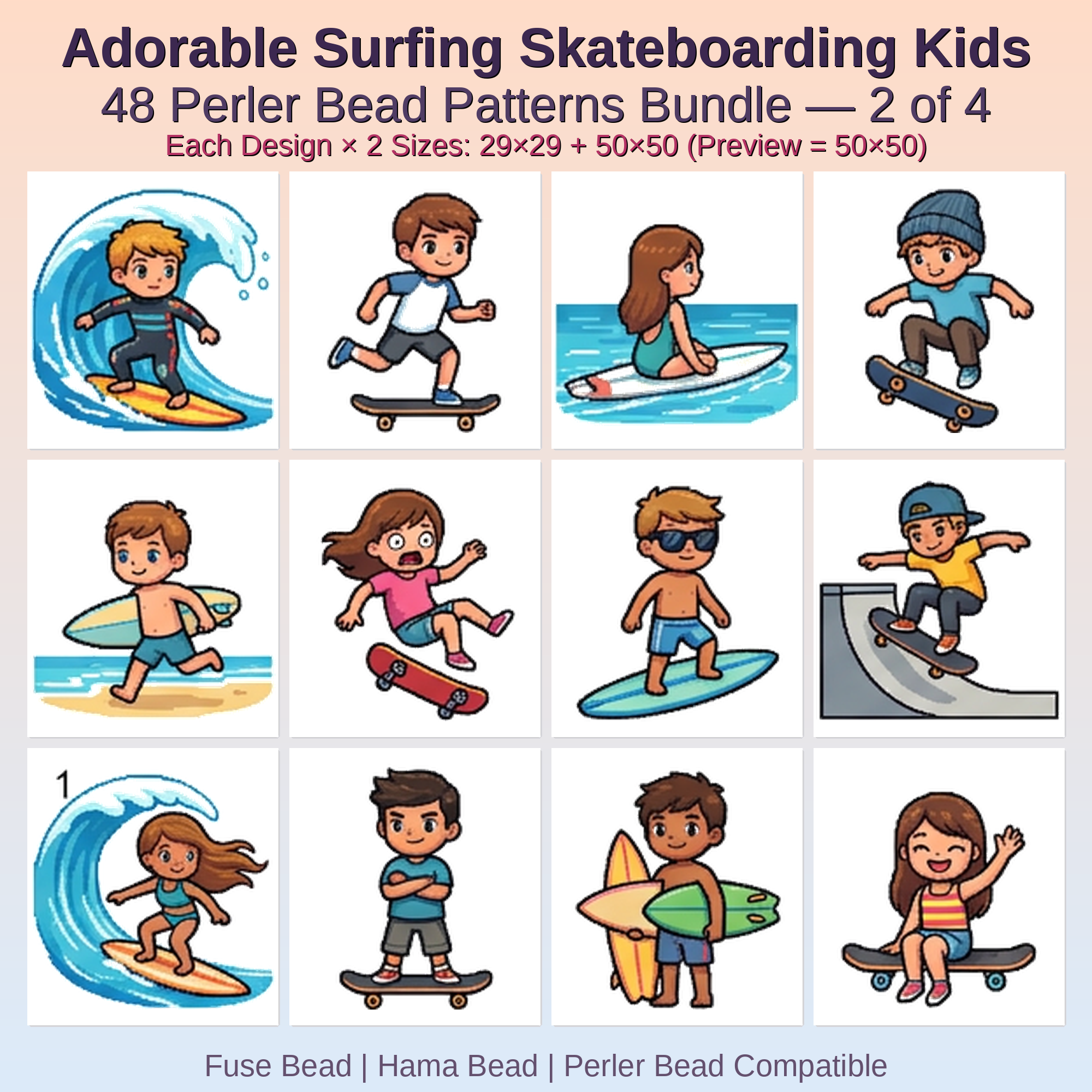 Adorable Surfing Skateboarding Kids Perler Bead Patterns Bundle, 48 Designs (PDF Digital Download)