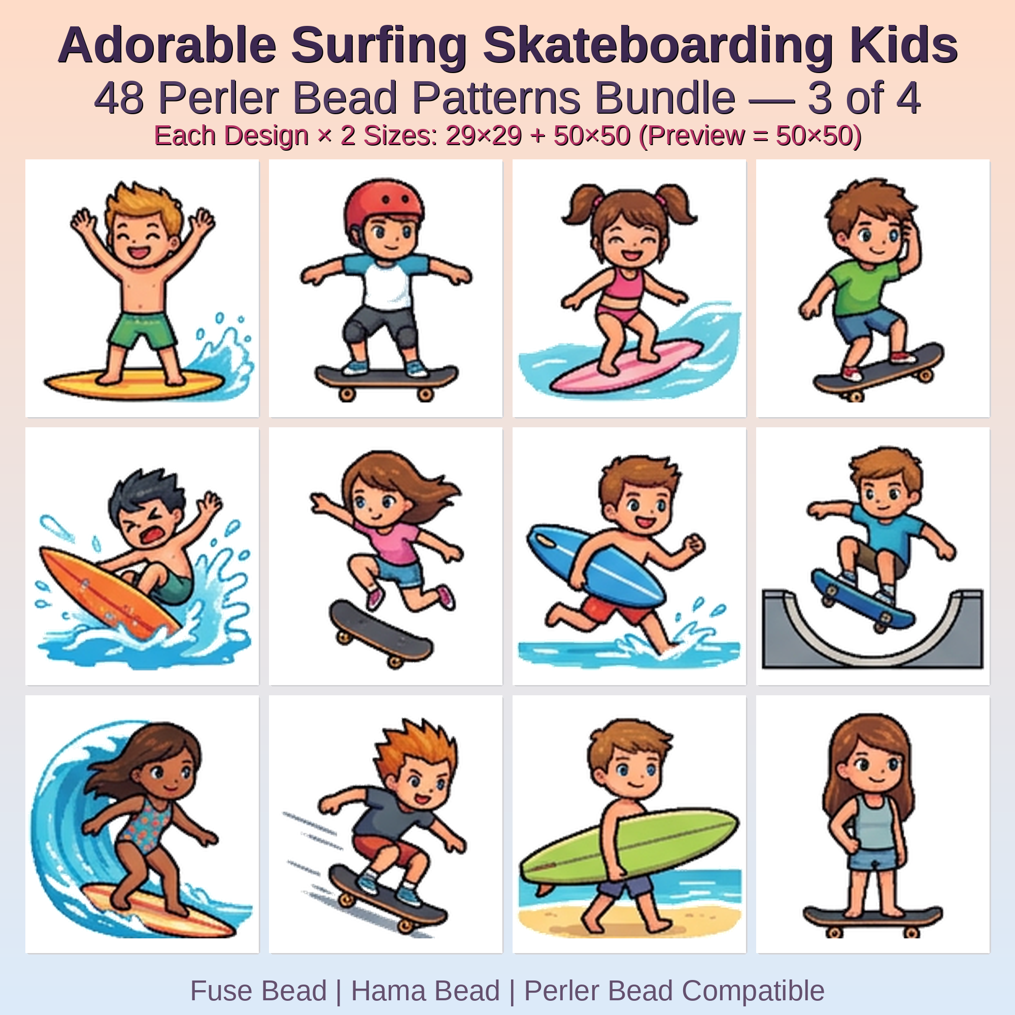Adorable Surfing Skateboarding Kids Perler Bead Patterns Bundle, 48 Designs (PDF Digital Download)