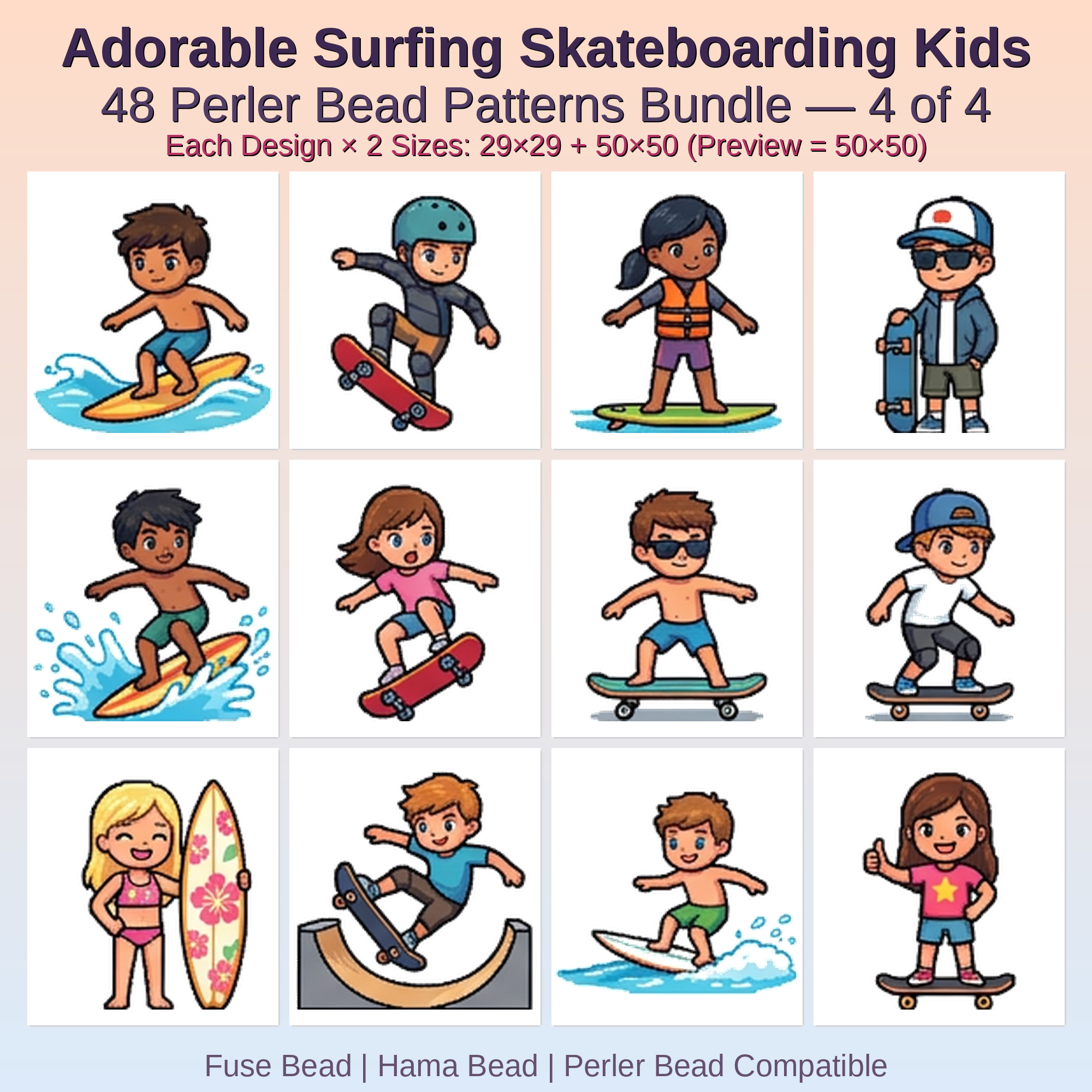 Adorable Surfing Skateboarding Kids Perler Bead Patterns Bundle, 48 Designs (PDF Digital Download)