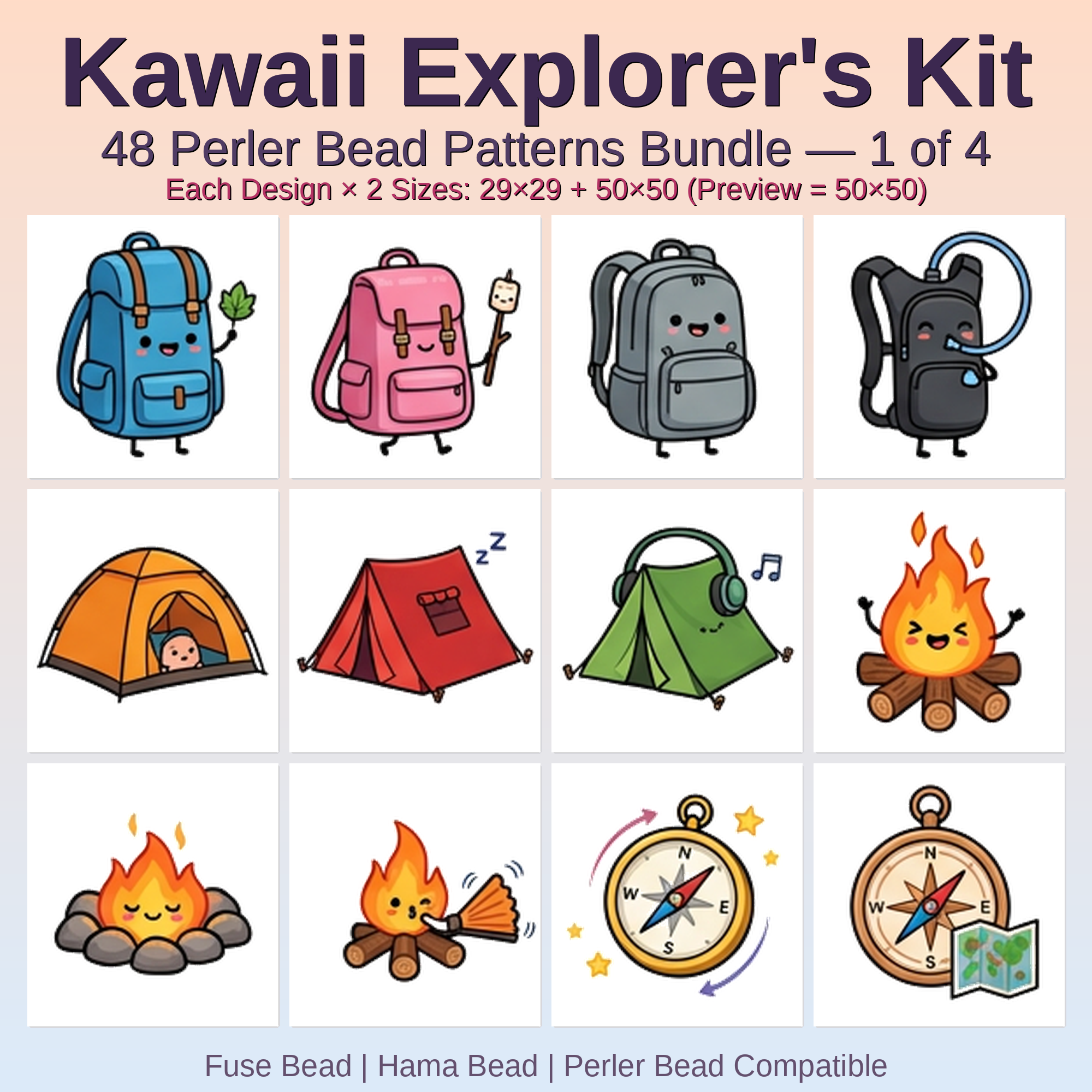 Kawaii Explorer's Kit Perler Bead Patterns Bundle, 48 Designs (PDF Digital Download)