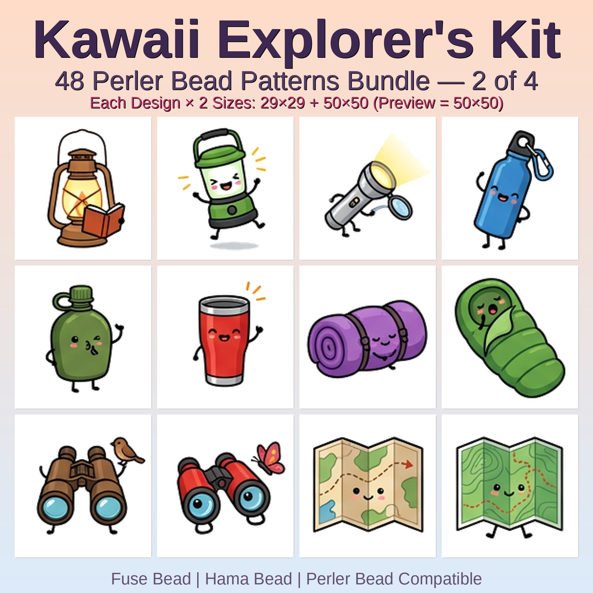 Kawaii Explorer's Kit Perler Bead Patterns Bundle, 48 Designs (PDF Digital Download)