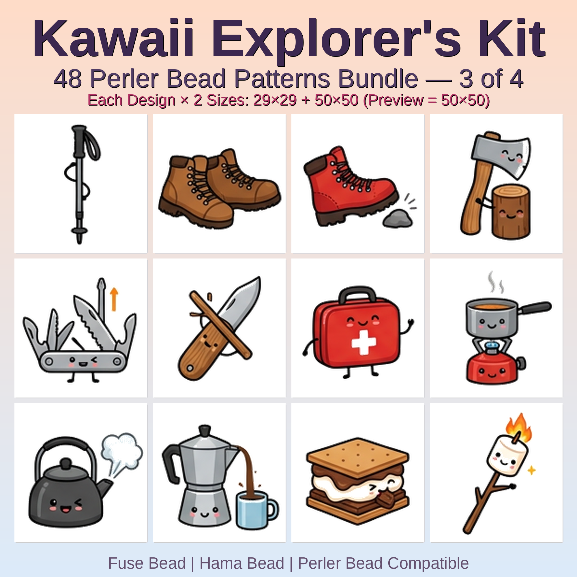 Kawaii Explorer's Kit Perler Bead Patterns Bundle, 48 Designs (PDF Digital Download)