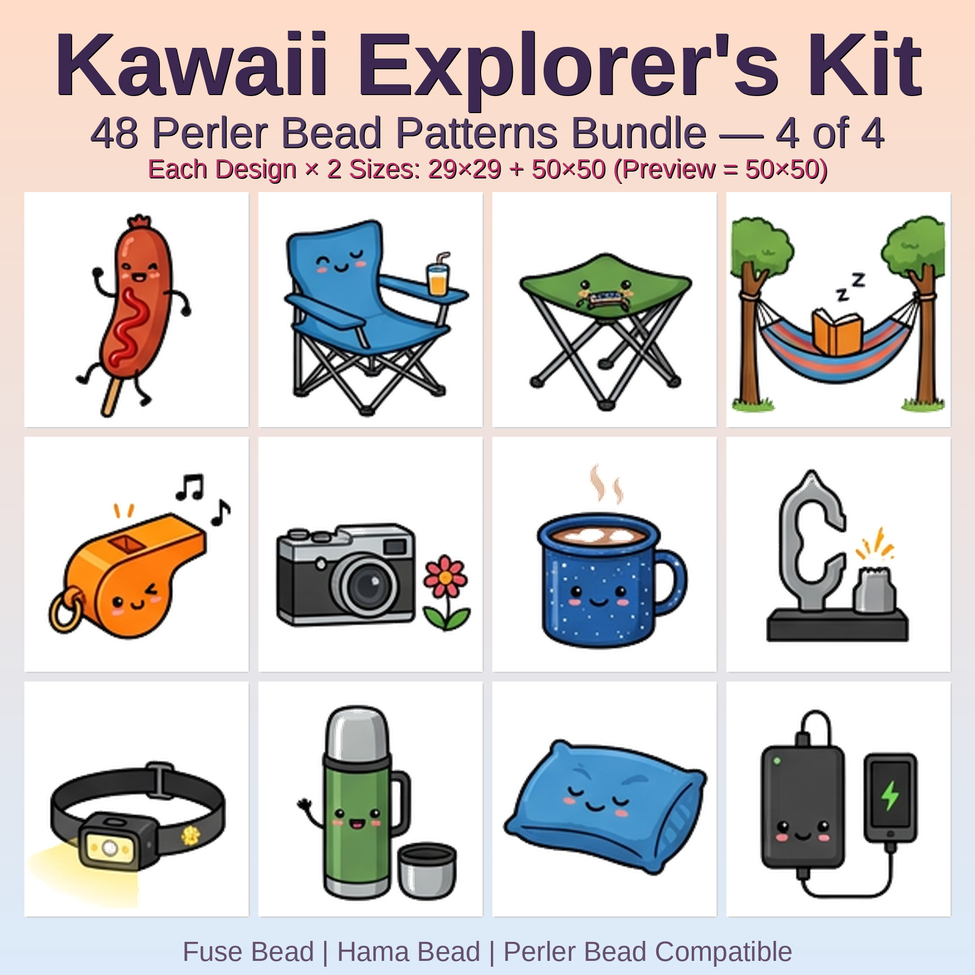 Kawaii Explorer's Kit Perler Bead Patterns Bundle, 48 Designs (PDF Digital Download)