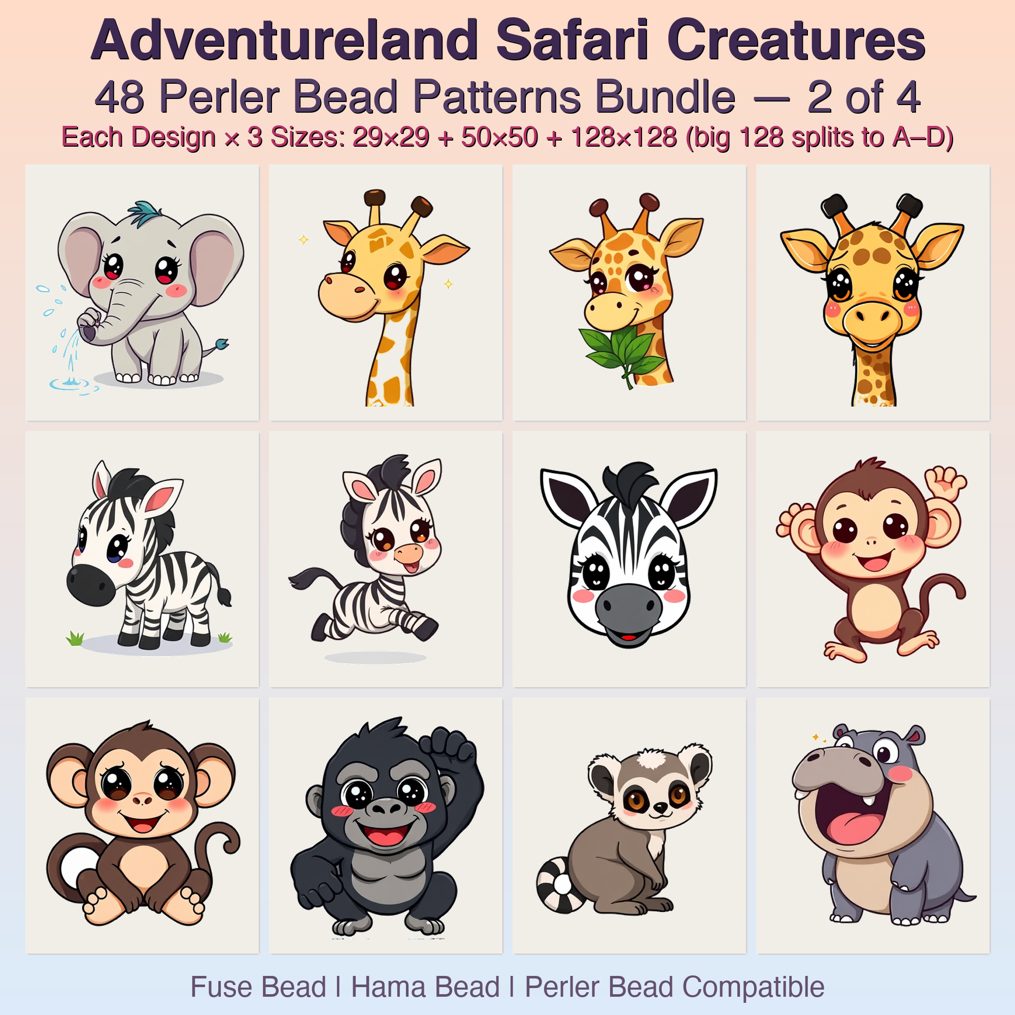 Adventureland Safari Creatures Perler Bead Patterns, 48 Designs x 3 Grid Sizes (29x29 + 50x50 + 128x128), Fuse Bead PDF Digital Download