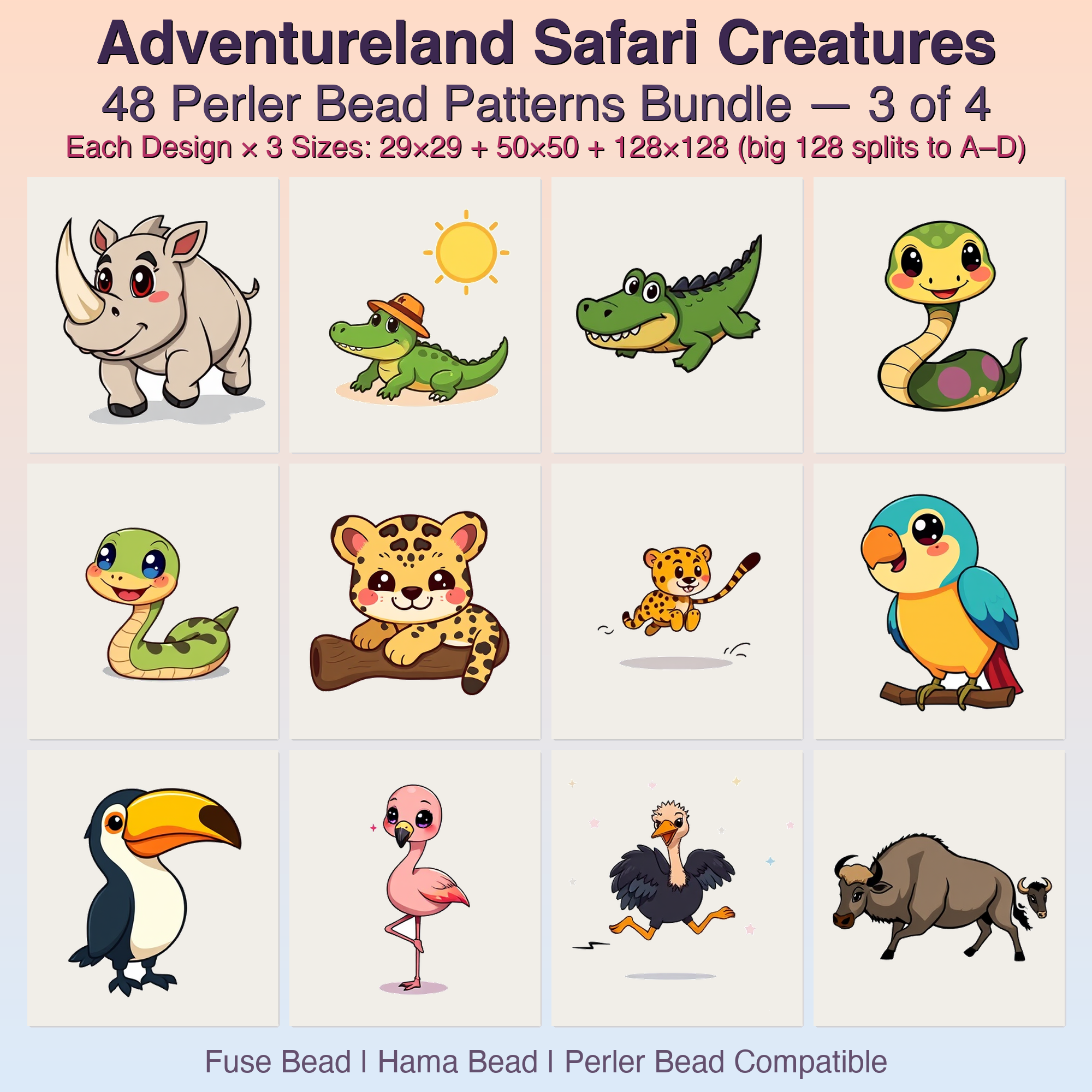 Adventureland Safari Creatures Perler Bead Patterns, 48 Designs x 3 Grid Sizes (29x29 + 50x50 + 128x128), Fuse Bead PDF Digital Download