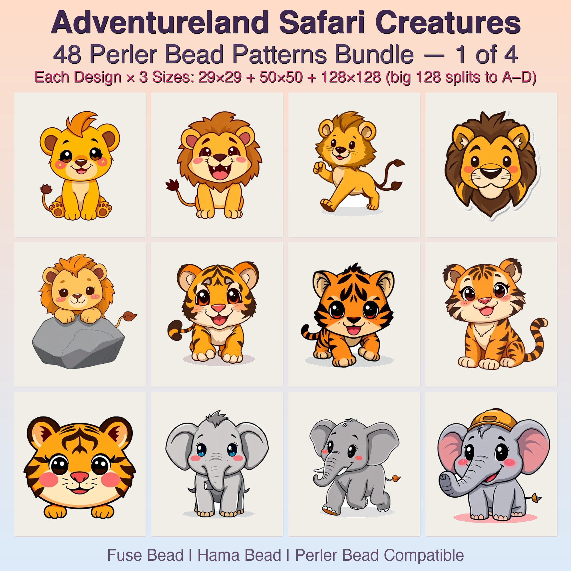 Adventureland Safari Creatures Perler Bead Patterns, 48 Designs x 3 Grid Sizes (29x29 + 50x50 + 128x128), Fuse Bead PDF Digital Download