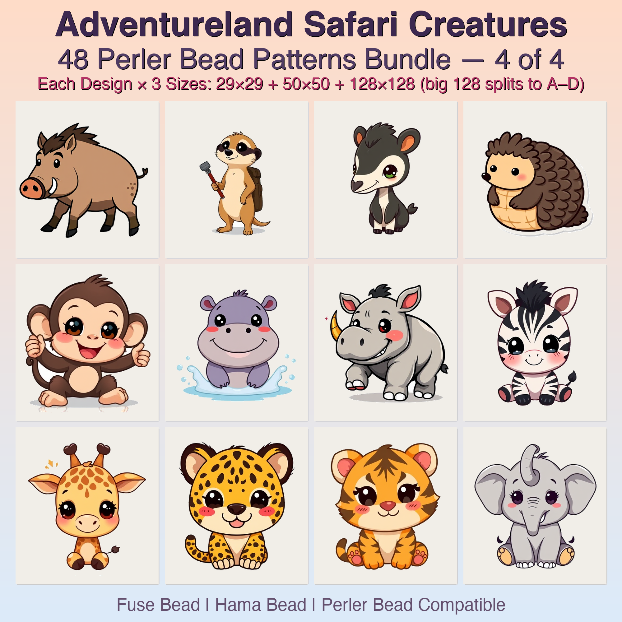 Adventureland Safari Creatures Perler Bead Patterns, 48 Designs x 3 Grid Sizes (29x29 + 50x50 + 128x128), Fuse Bead PDF Digital Download