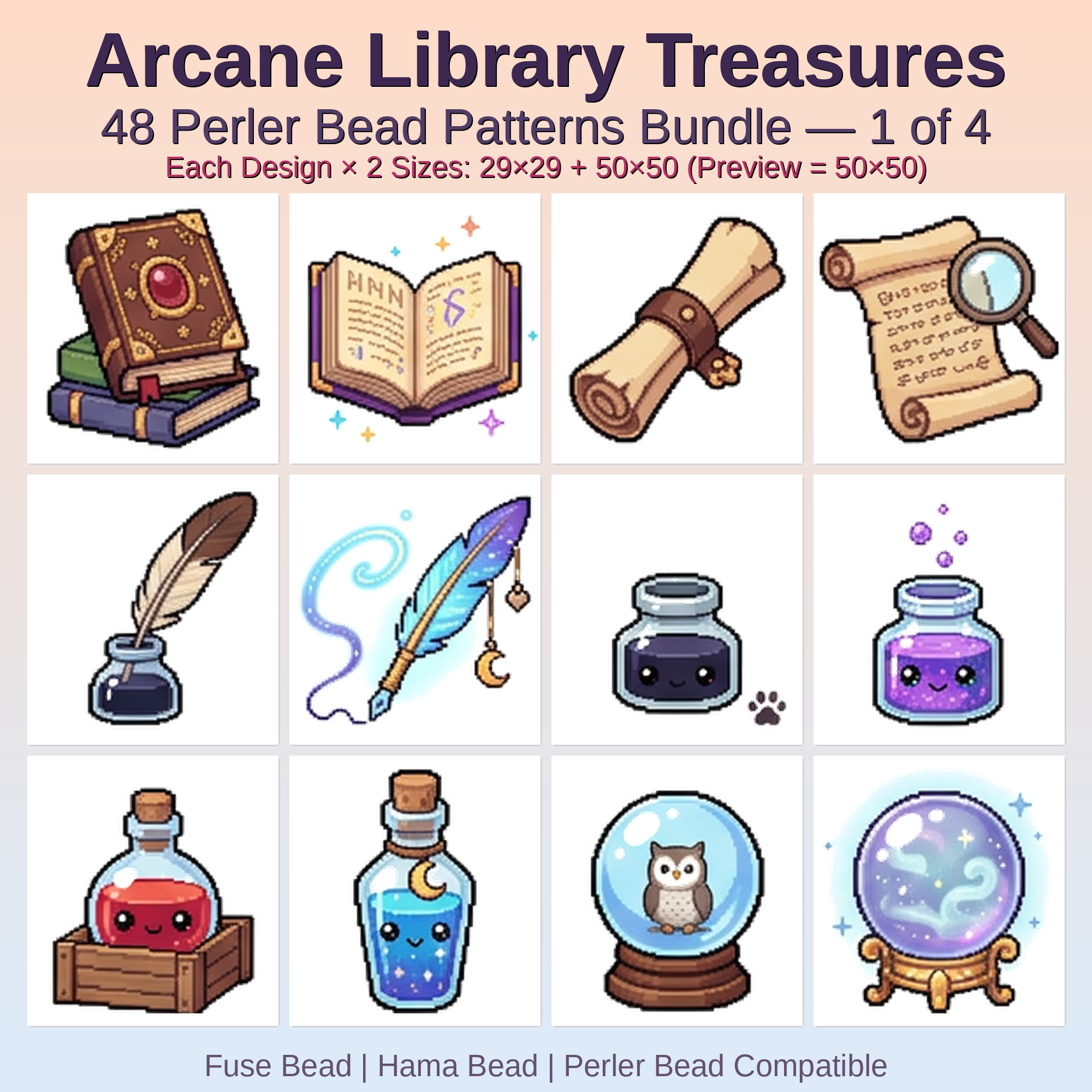 Arcane Library Treasures Perler Bead Patterns Bundle, 48 Designs (PDF Digital Download)