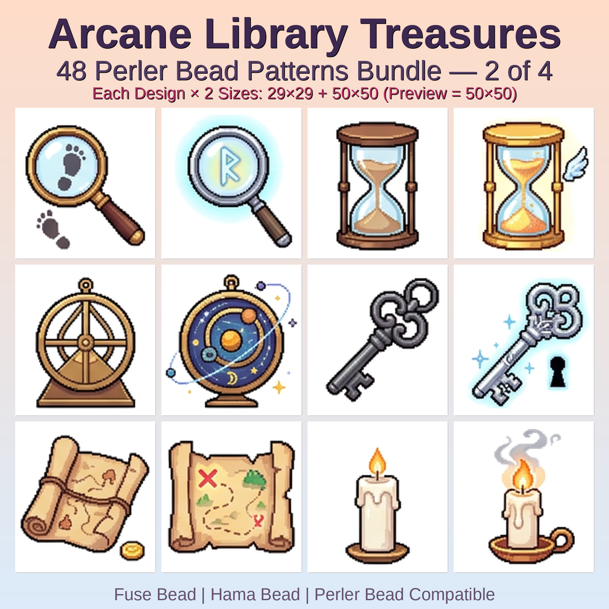 Arcane Library Treasures Perler Bead Patterns Bundle, 48 Designs (PDF Digital Download)