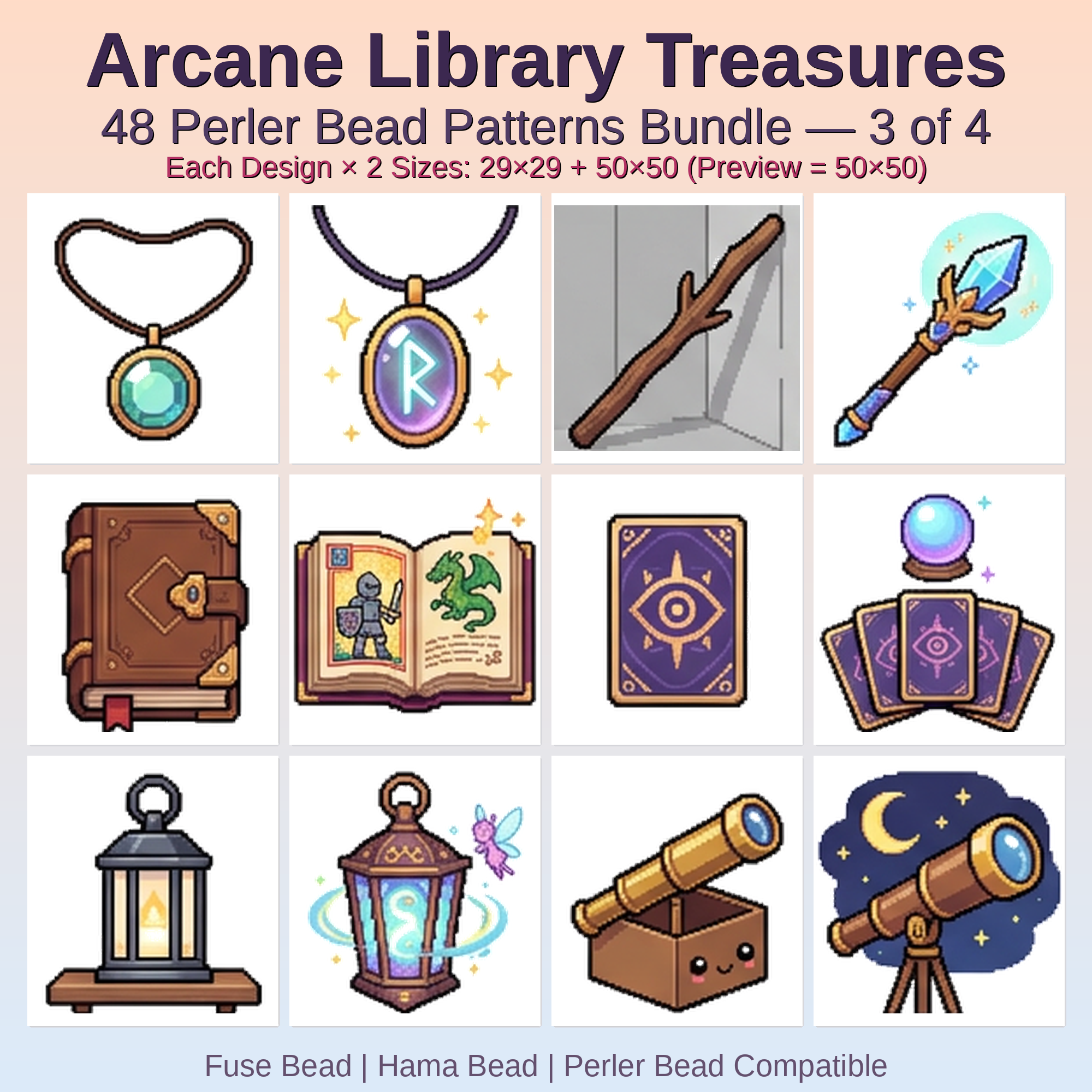 Arcane Library Treasures Perler Bead Patterns Bundle, 48 Designs (PDF Digital Download)