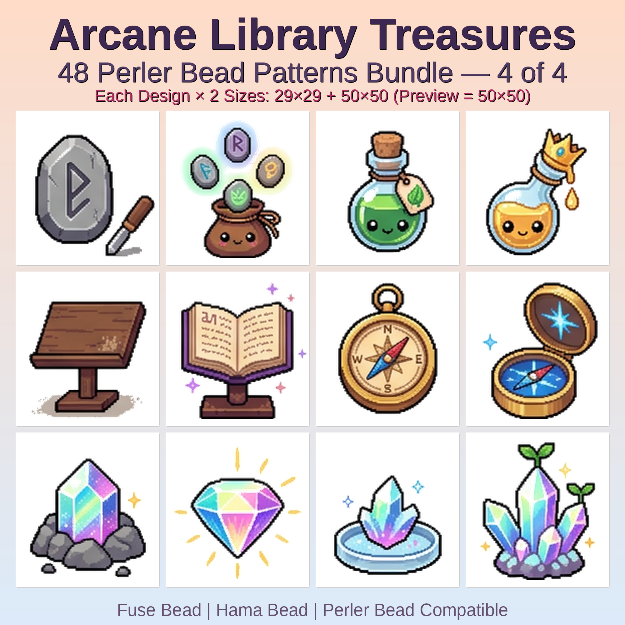 Arcane Library Treasures Perler Bead Patterns Bundle, 48 Designs (PDF Digital Download)