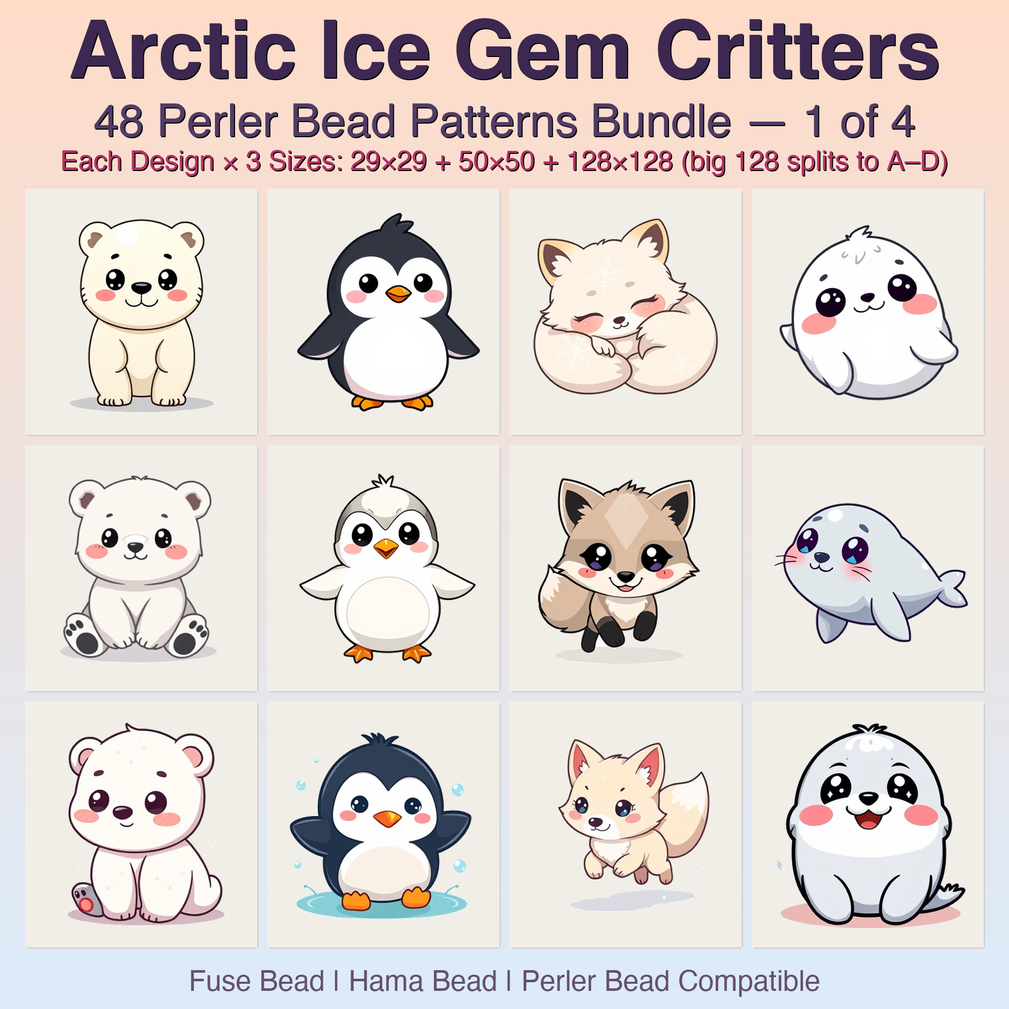 Arctic Ice Gem Critters Perler Bead Patterns, 48 Designs x 3 Grid Sizes (29x29 + 50x50 + 128x128), Fuse Bead PDF Digital Download