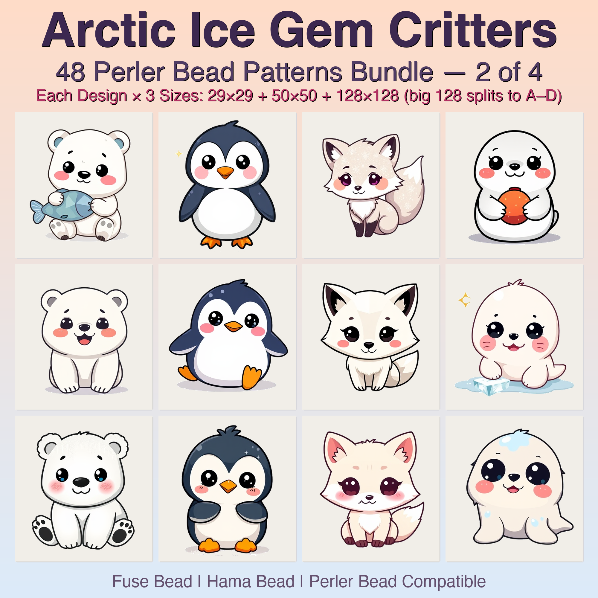 Arctic Ice Gem Critters Perler Bead Patterns, 48 Designs x 3 Grid Sizes (29x29 + 50x50 + 128x128), Fuse Bead PDF Digital Download