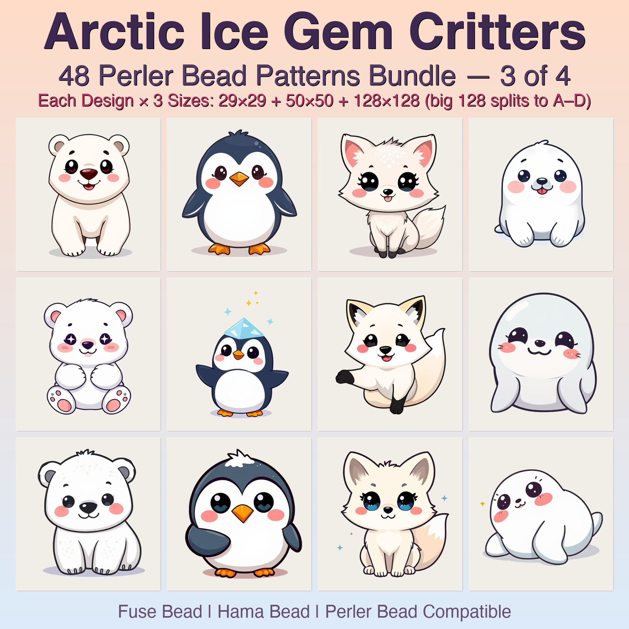Arctic Ice Gem Critters Perler Bead Patterns, 48 Designs x 3 Grid Sizes (29x29 + 50x50 + 128x128), Fuse Bead PDF Digital Download