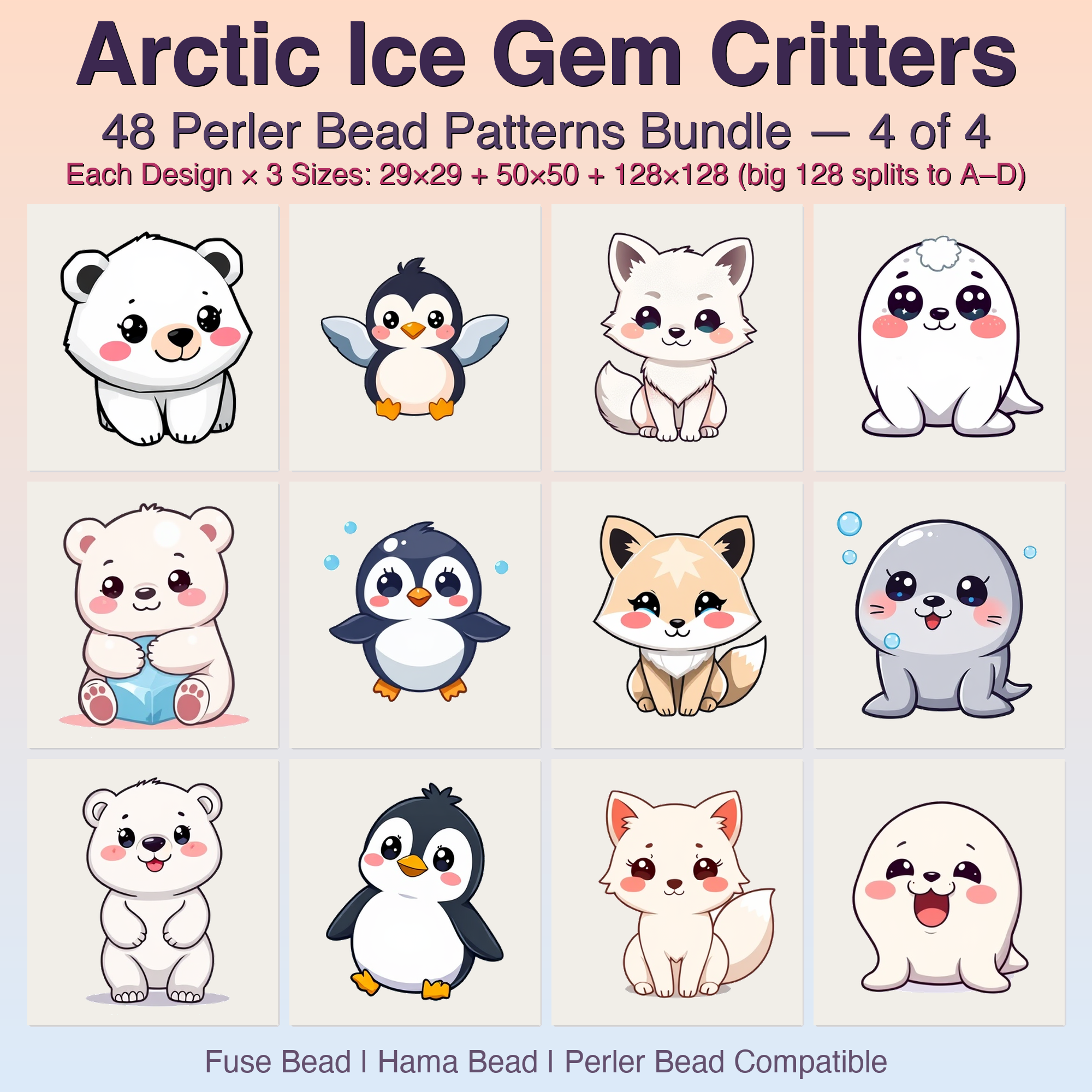 Arctic Ice Gem Critters Perler Bead Patterns, 48 Designs x 3 Grid Sizes (29x29 + 50x50 + 128x128), Fuse Bead PDF Digital Download