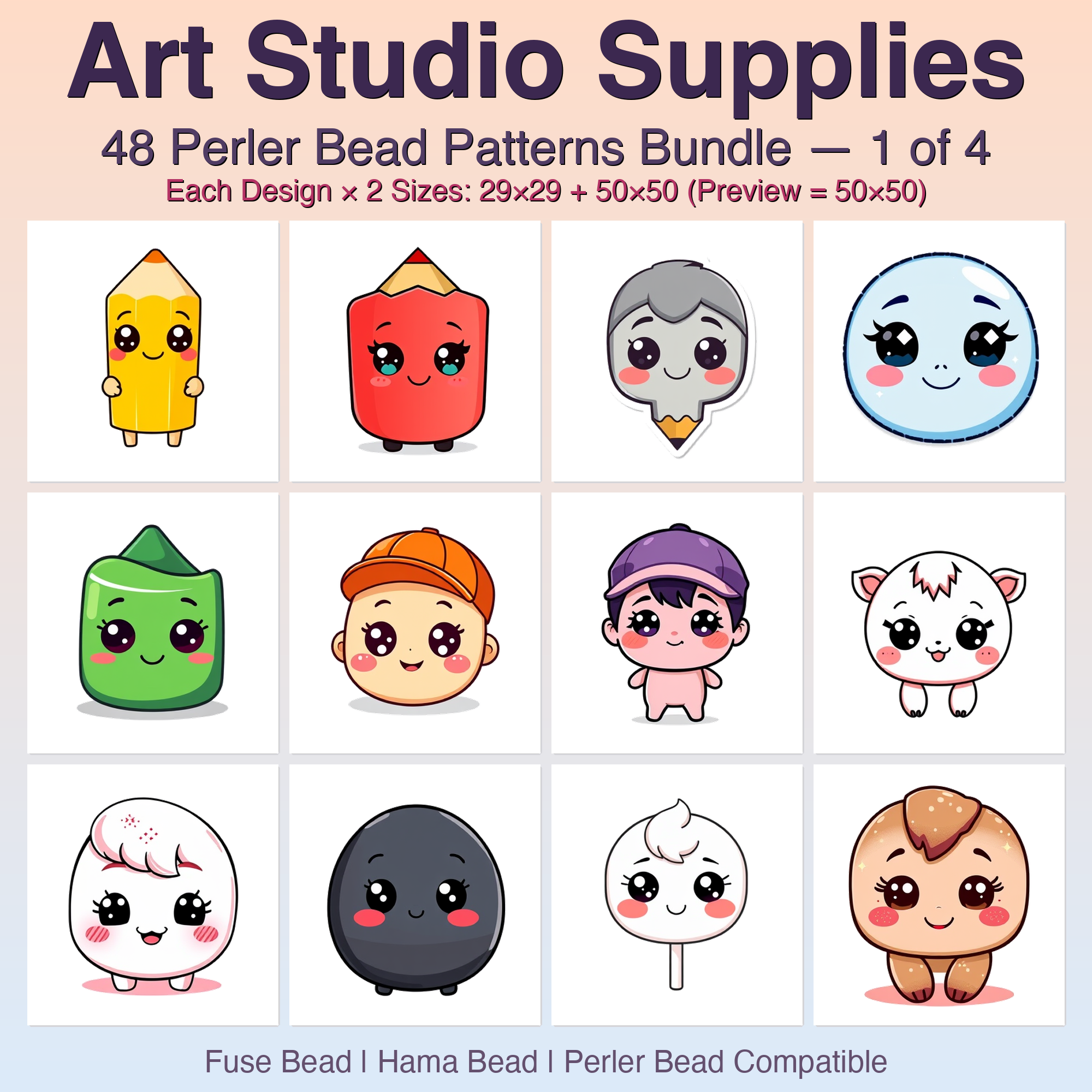 Art Studio Supplies Perler Bead Patterns Bundle, 48 Designs (PDF Digital Download)