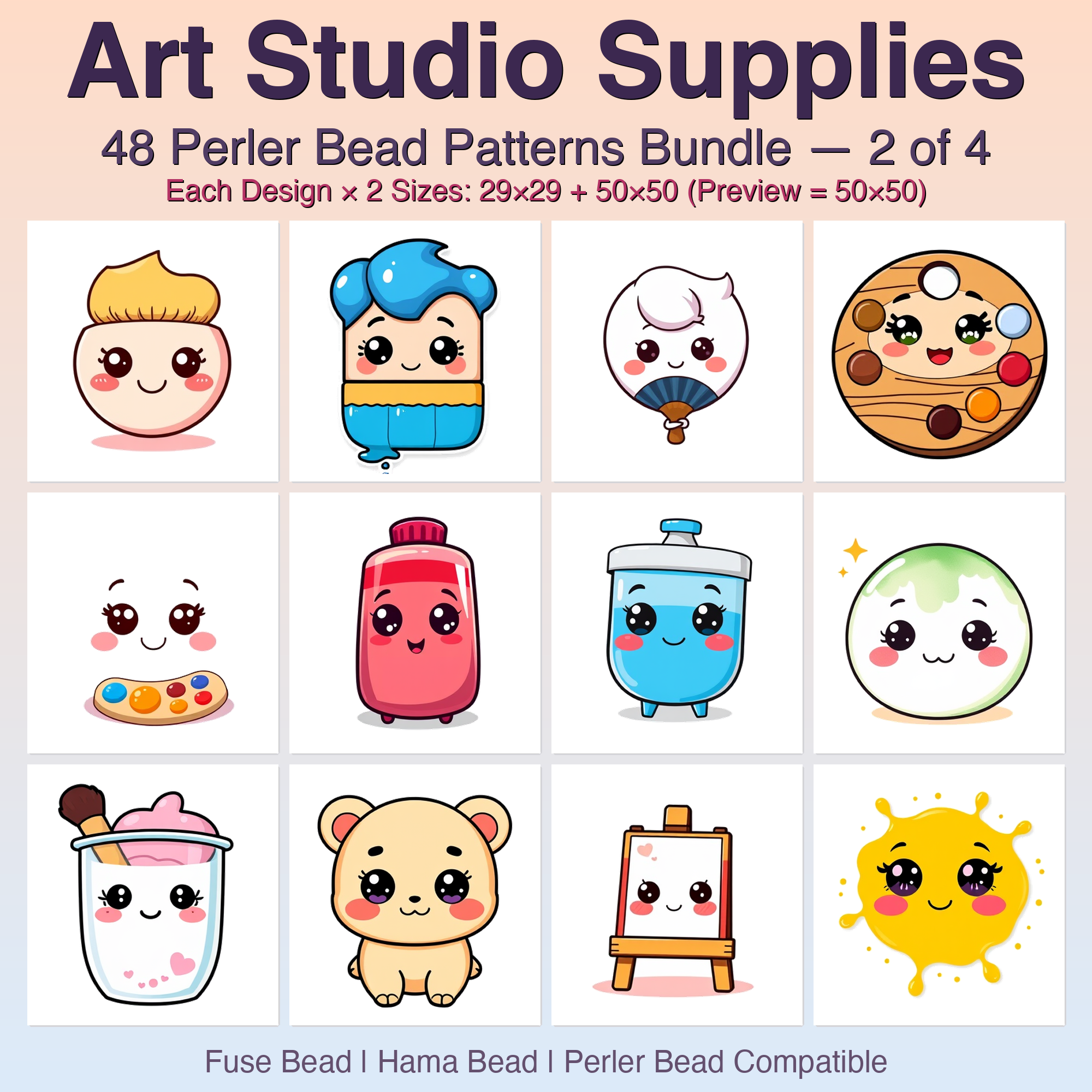 Art Studio Supplies Perler Bead Patterns Bundle, 48 Designs (PDF Digital Download)