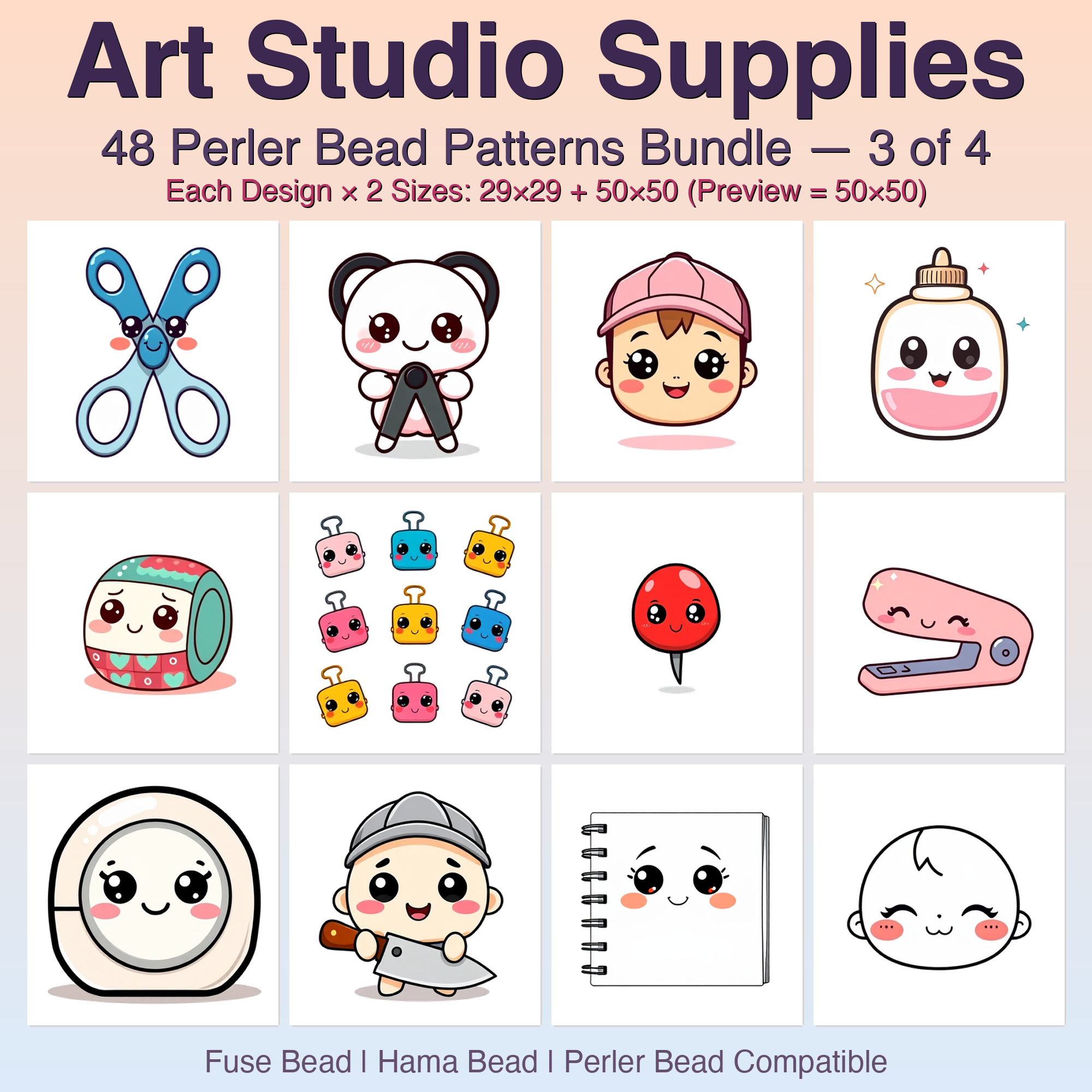 Art Studio Supplies Perler Bead Patterns Bundle, 48 Designs (PDF Digital Download)