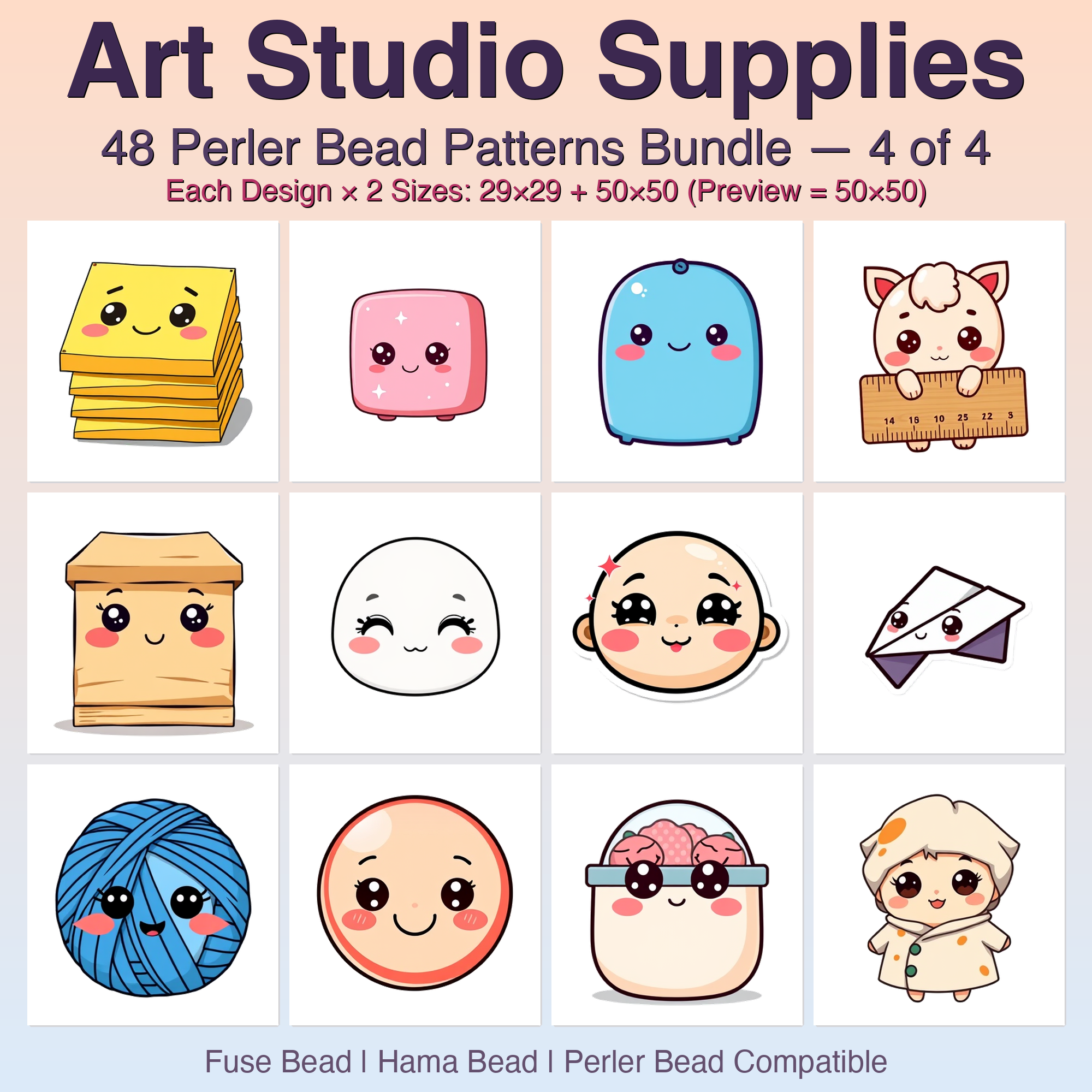 Art Studio Supplies Perler Bead Patterns Bundle, 48 Designs (PDF Digital Download)
