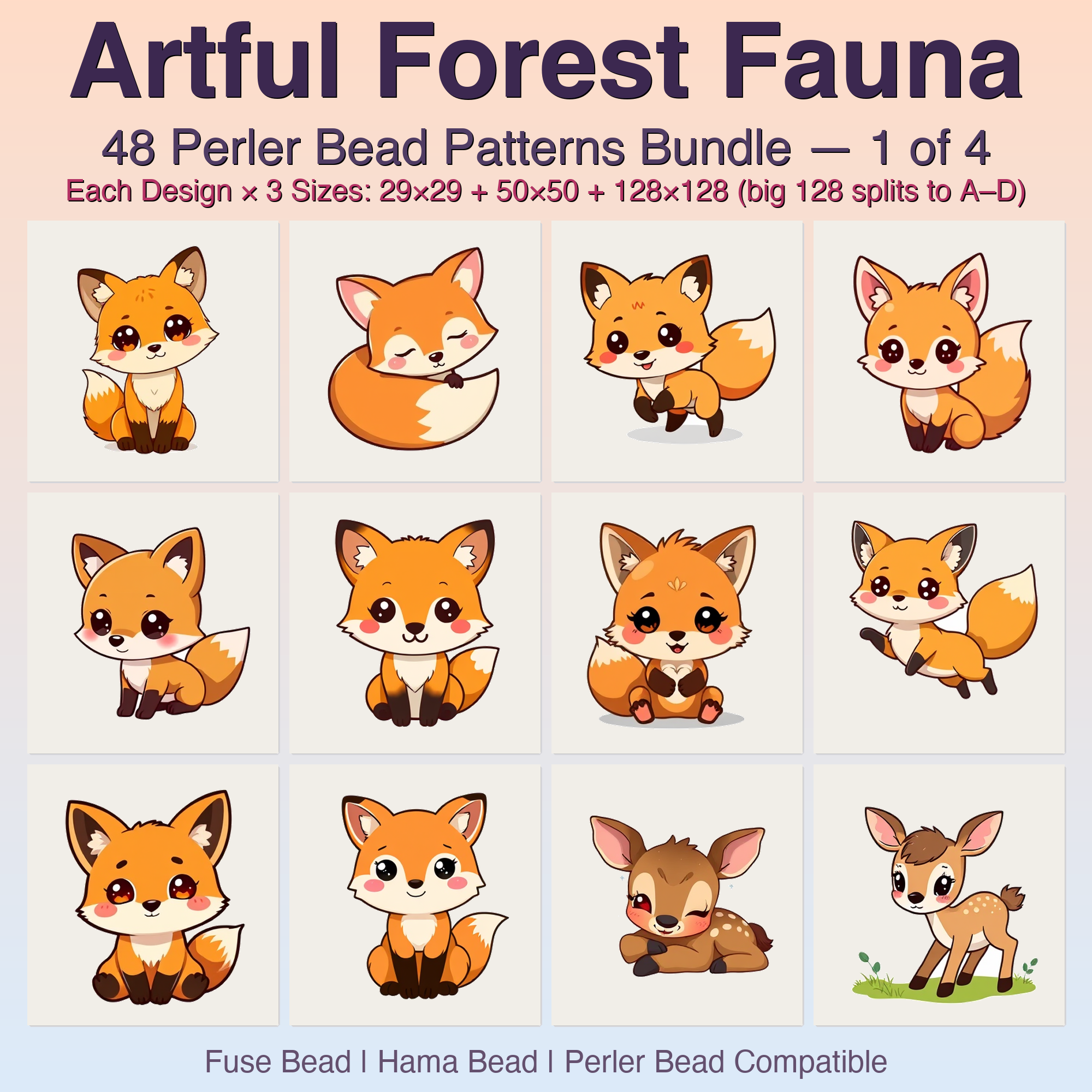 Artful Forest Fauna Perler Bead Patterns, 48 Designs x 3 Grid Sizes (29x29 + 50x50 + 128x128), Fuse Bead PDF Digital Download