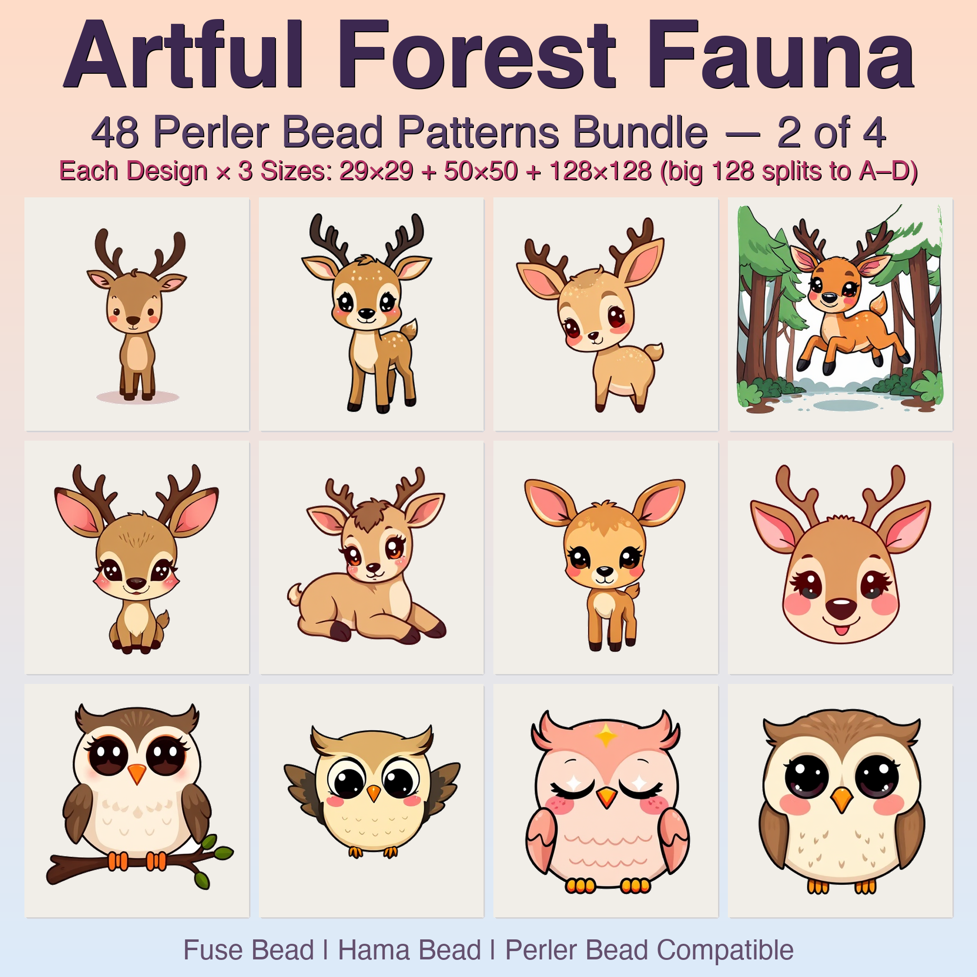 Artful Forest Fauna Perler Bead Patterns, 48 Designs x 3 Grid Sizes (29x29 + 50x50 + 128x128), Fuse Bead PDF Digital Download