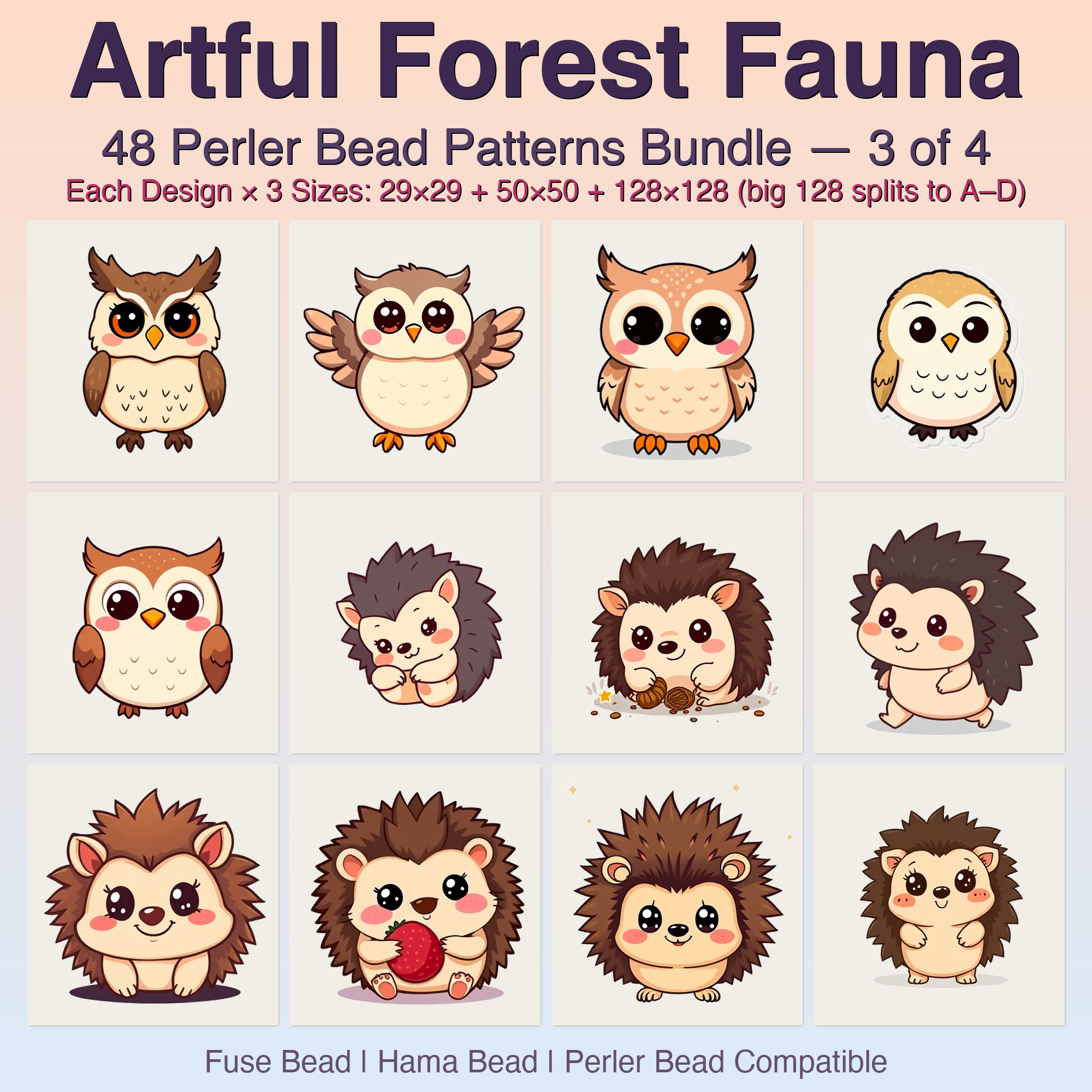 Artful Forest Fauna Perler Bead Patterns, 48 Designs x 3 Grid Sizes (29x29 + 50x50 + 128x128), Fuse Bead PDF Digital Download