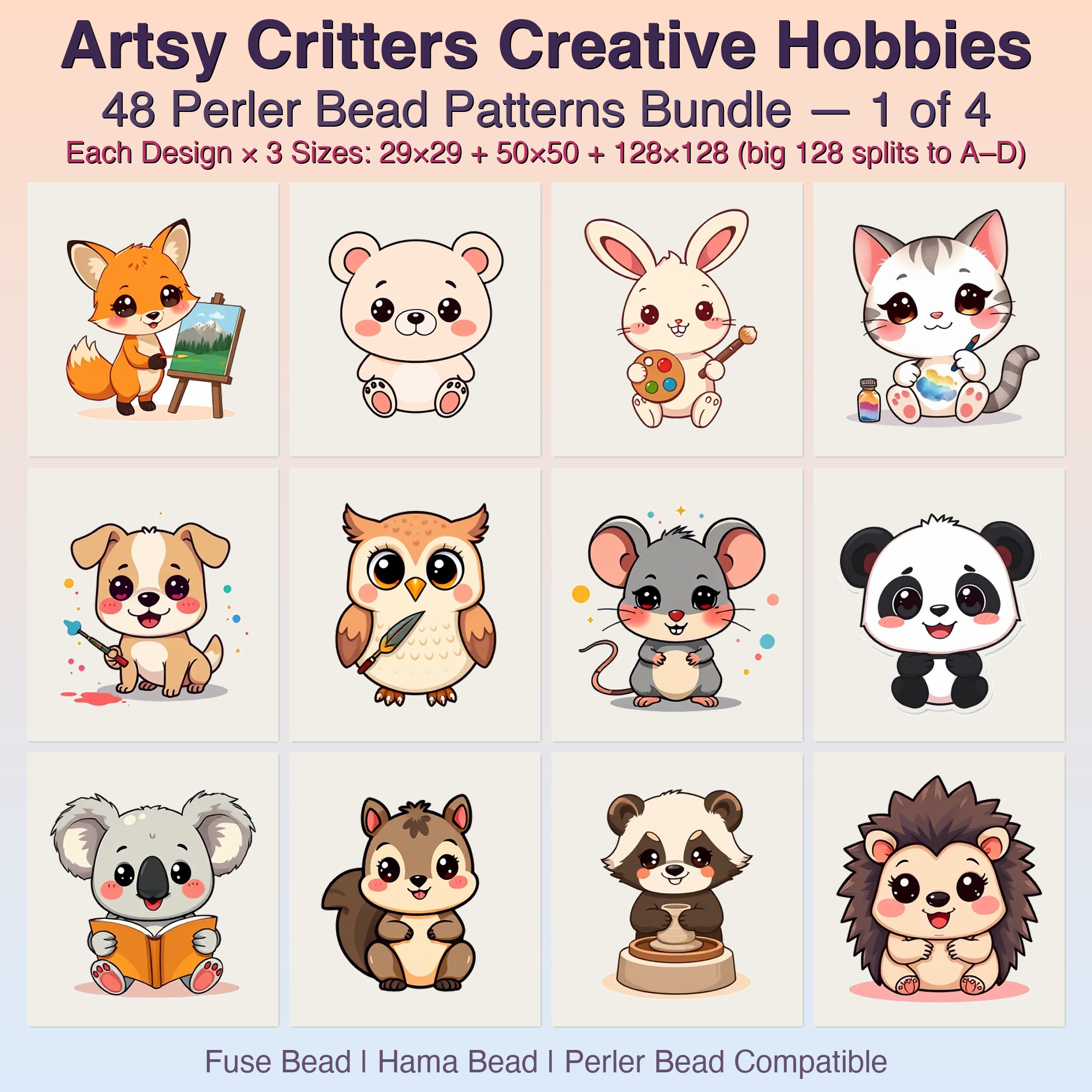 Artsy Critters Creative Hobbies Perler Bead Patterns, 48 Designs x 3 Grid Sizes (29x29 + 50x50 + 128x128), Fuse Bead PDF Digital Download