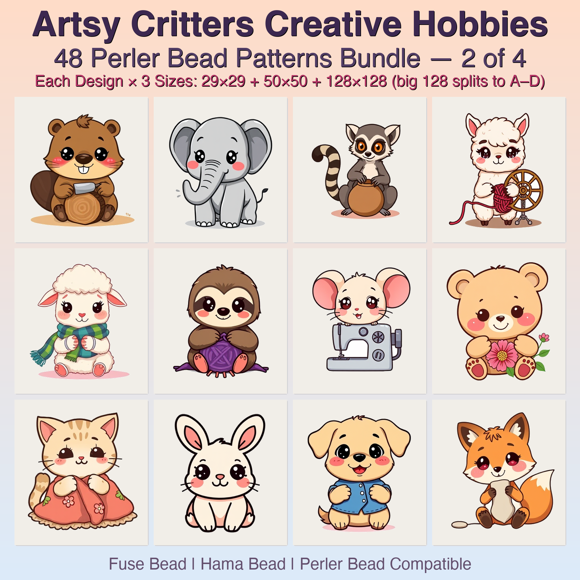 Artsy Critters Creative Hobbies Perler Bead Patterns, 48 Designs x 3 Grid Sizes (29x29 + 50x50 + 128x128), Fuse Bead PDF Digital Download