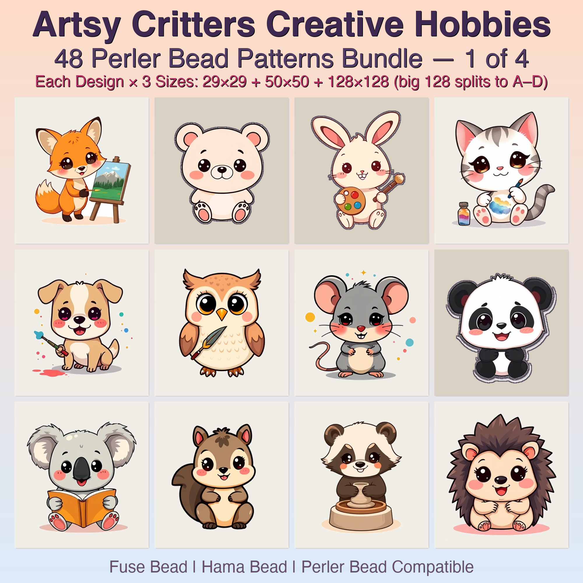 Artsy Critters Creative Hobbies Perler Bead Patterns, 48 Designs x 3 Grid Sizes (29x29 + 50x50 + 128x128), Fuse Bead PDF Digital Download