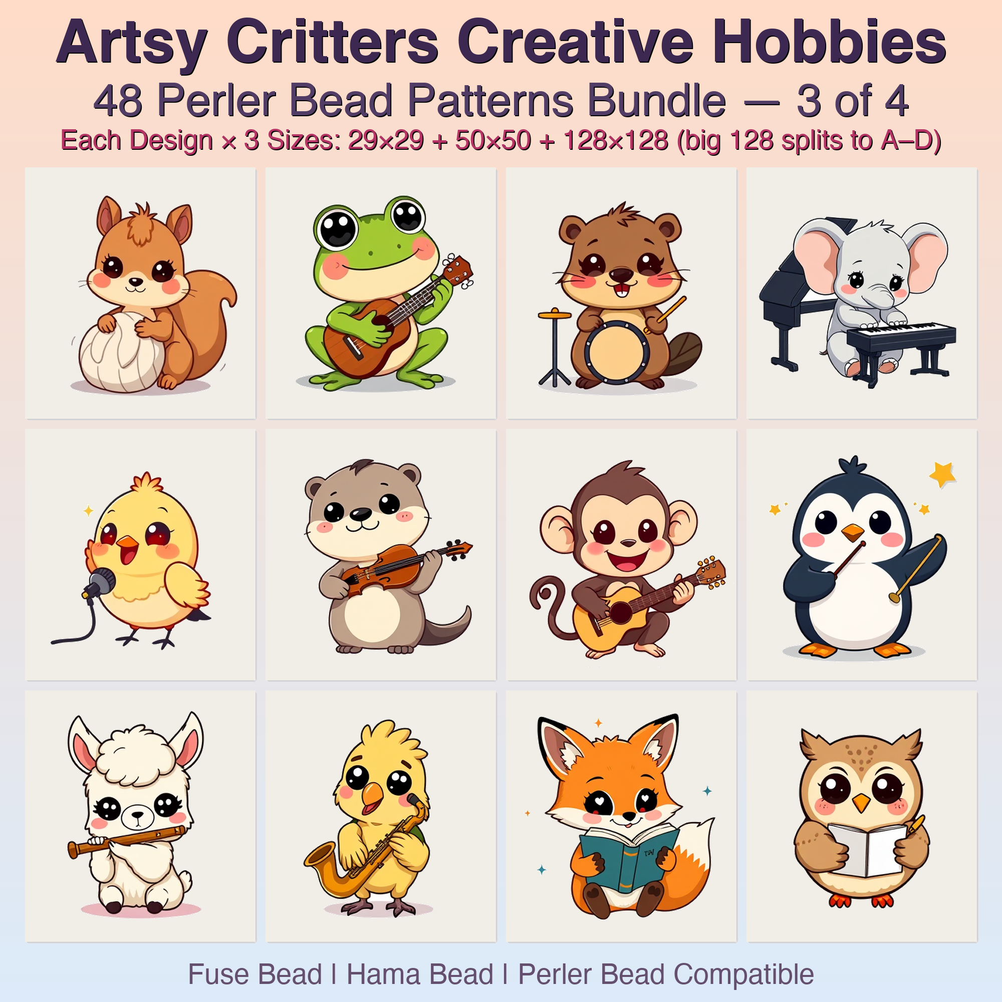Artsy Critters Creative Hobbies Perler Bead Patterns, 48 Designs x 3 Grid Sizes (29x29 + 50x50 + 128x128), Fuse Bead PDF Digital Download