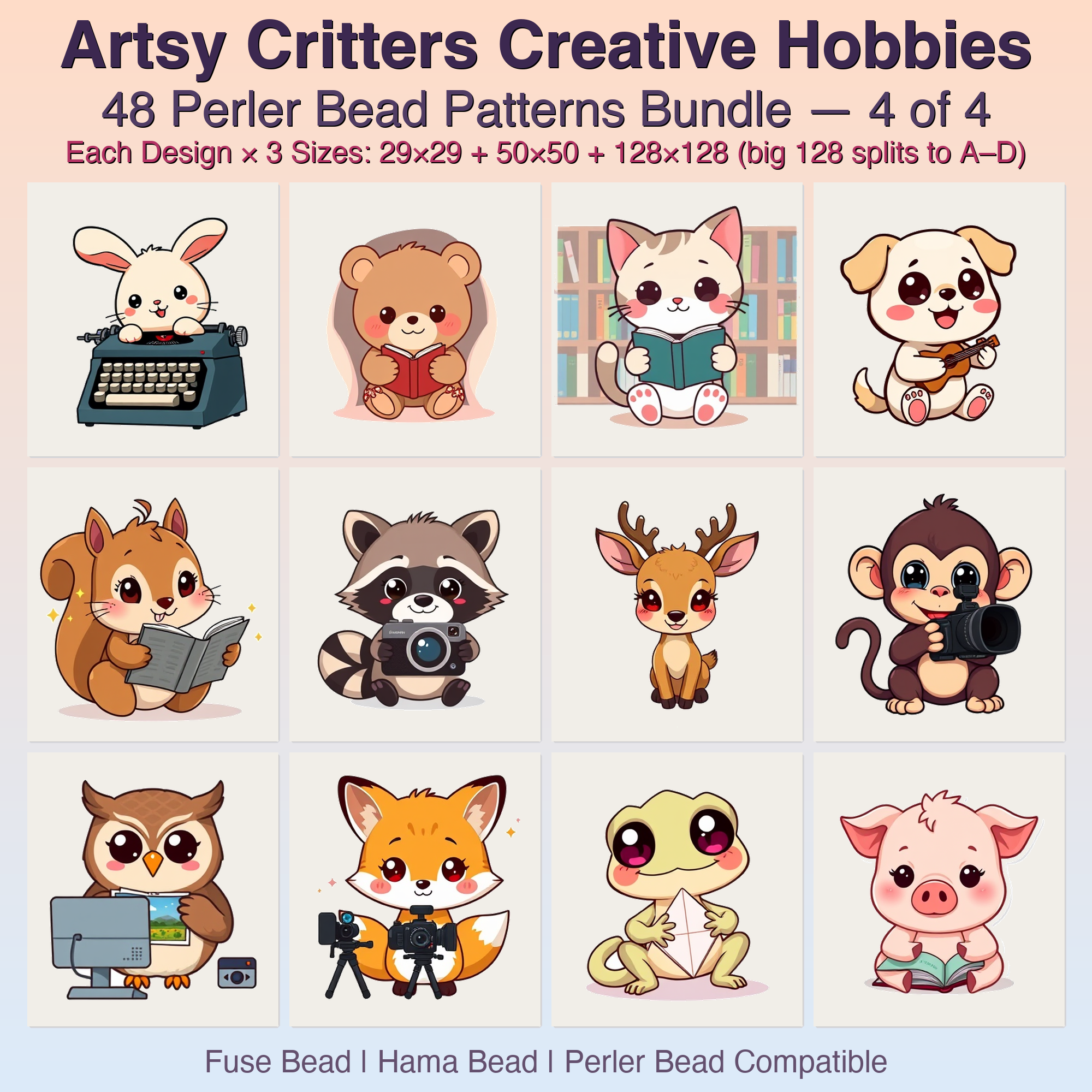 Artsy Critters Creative Hobbies Perler Bead Patterns, 48 Designs x 3 Grid Sizes (29x29 + 50x50 + 128x128), Fuse Bead PDF Digital Download