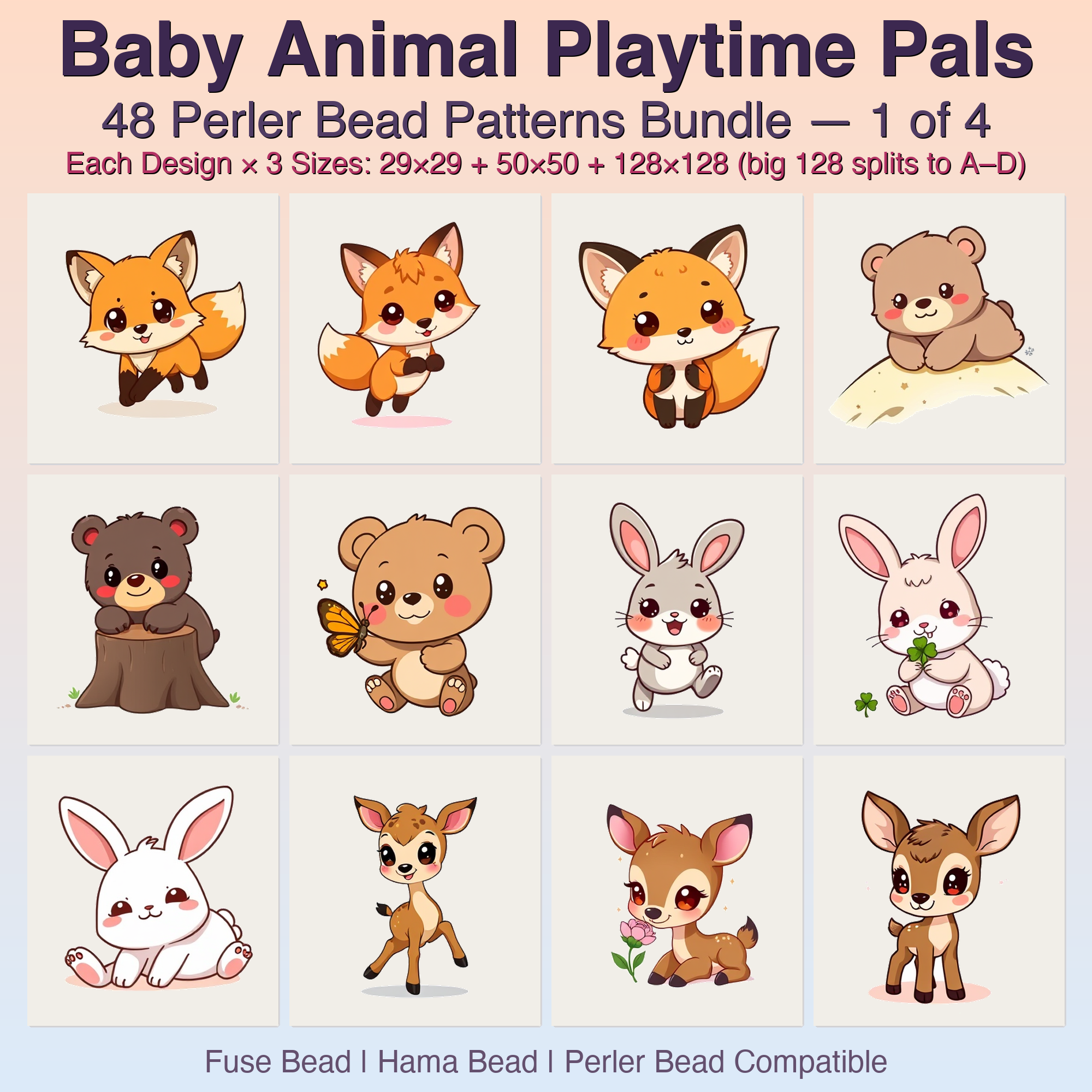 Baby Animal Playtime Pals Perler Bead Patterns, 48 Designs x 3 Grid Sizes (29x29 + 50x50 + 128x128), Fuse Bead PDF Digital Download