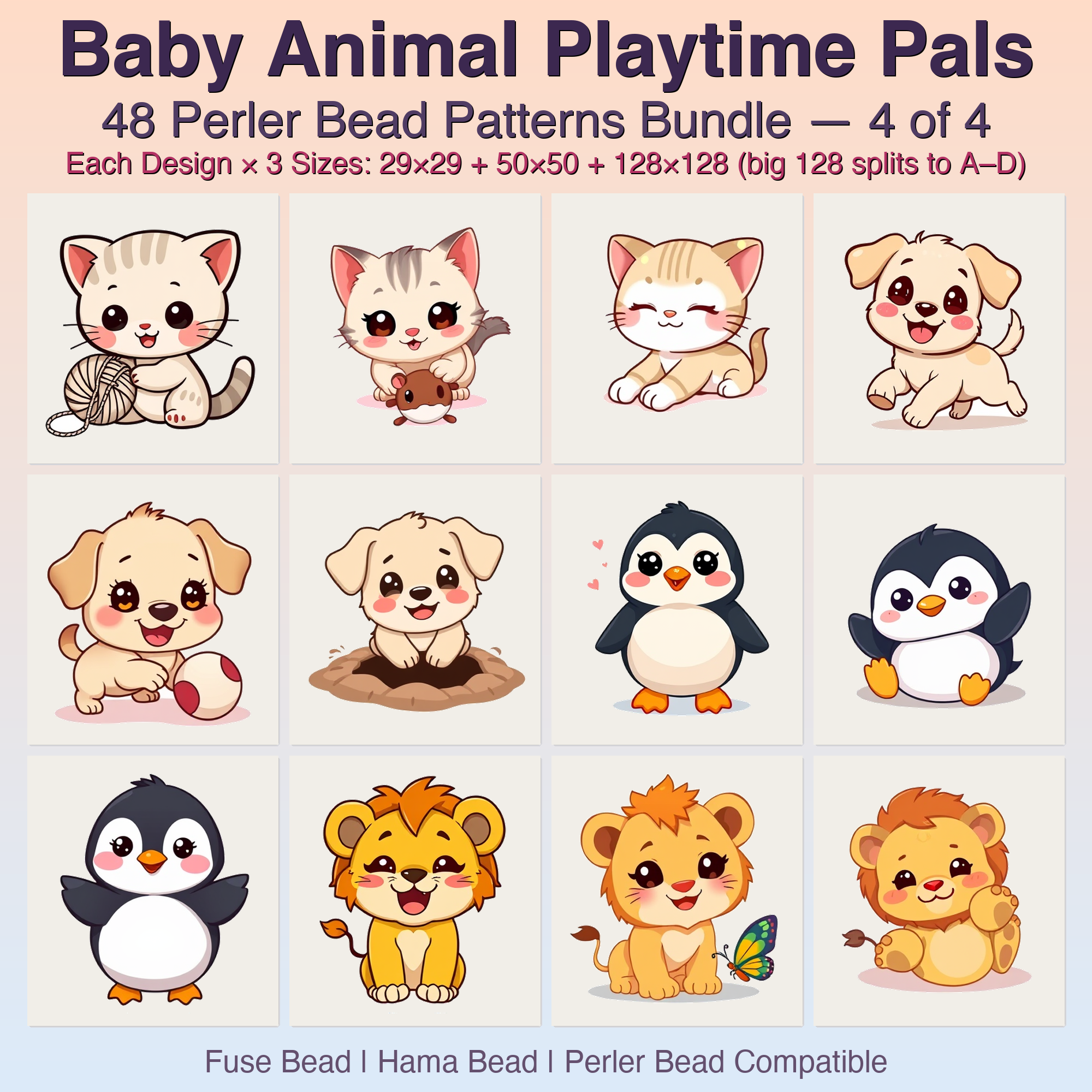 Baby Animal Playtime Pals Perler Bead Patterns, 48 Designs x 3 Grid Sizes (29x29 + 50x50 + 128x128), Fuse Bead PDF Digital Download