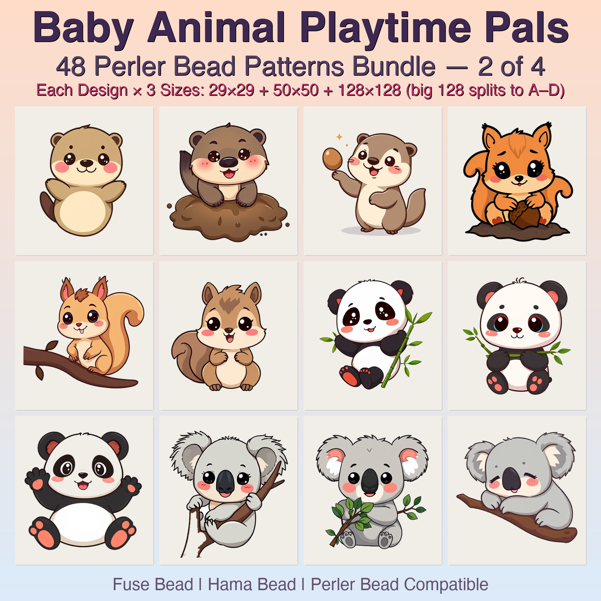 Baby Animal Playtime Pals Perler Bead Patterns, 48 Designs x 3 Grid Sizes (29x29 + 50x50 + 128x128), Fuse Bead PDF Digital Download