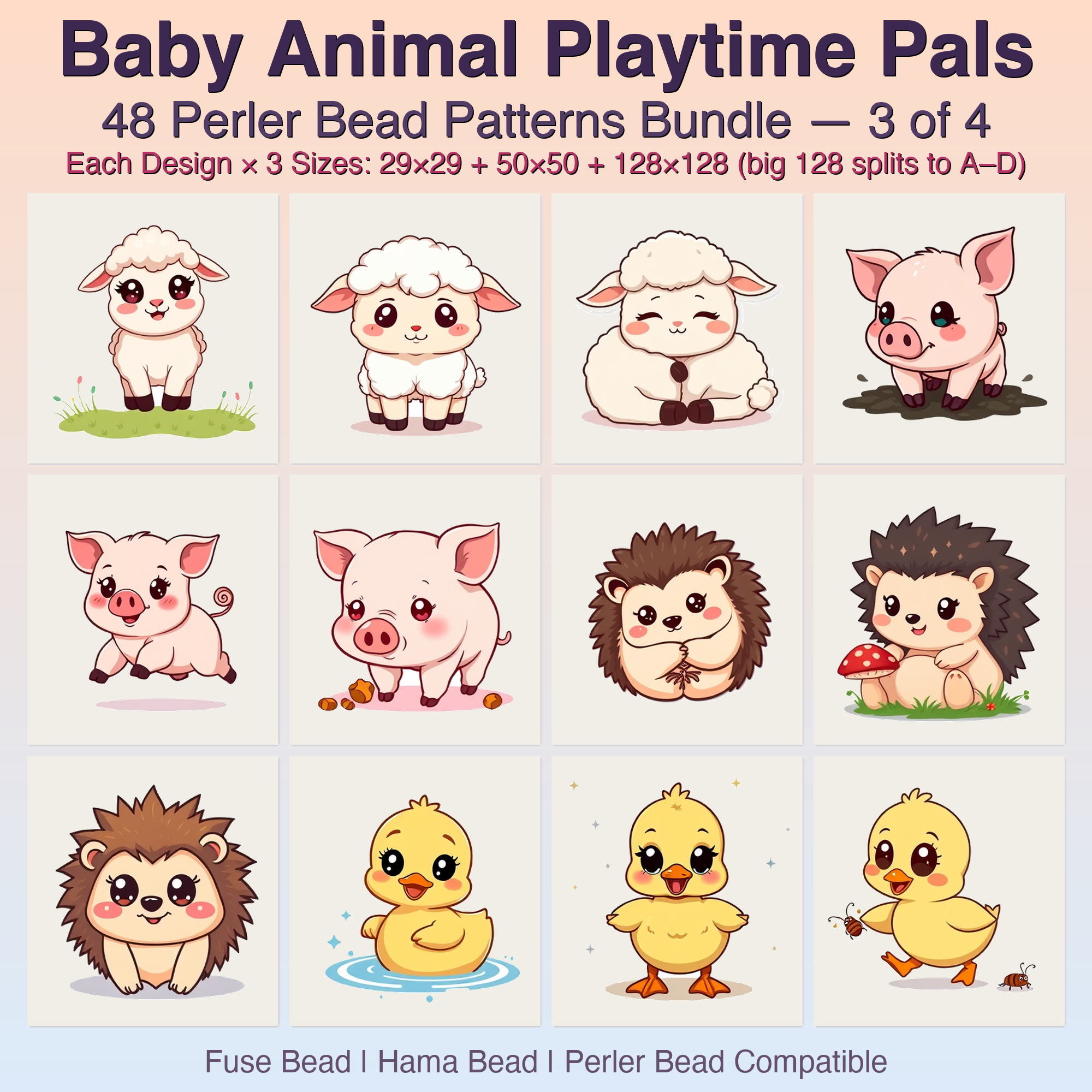 Baby Animal Playtime Pals Perler Bead Patterns, 48 Designs x 3 Grid Sizes (29x29 + 50x50 + 128x128), Fuse Bead PDF Digital Download