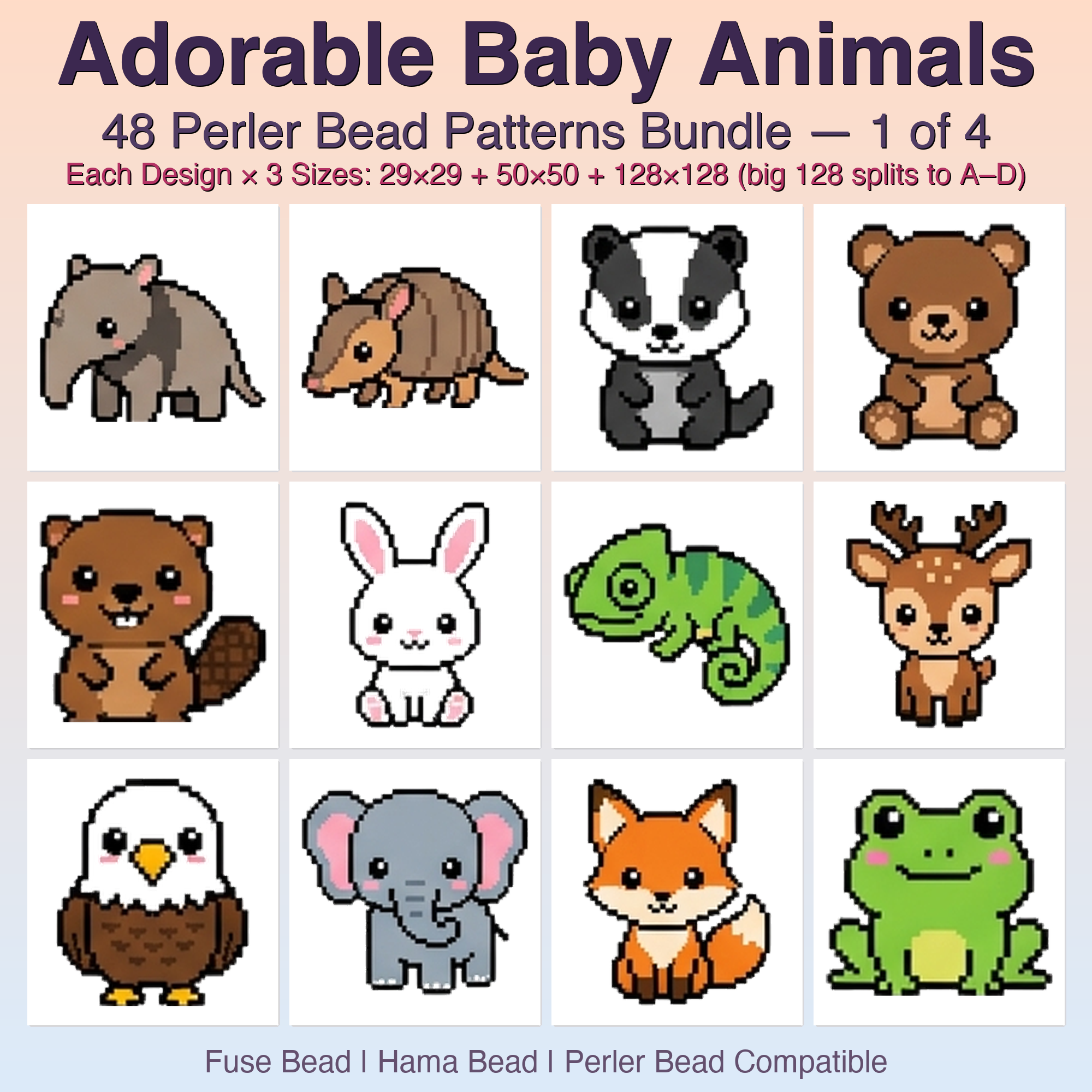 Adorable Baby Animals Perler Bead Patterns, 48 Designs x 3 Grid Sizes (29x29 + 50x50 + 128x128), Fuse Bead PDF Digital Download