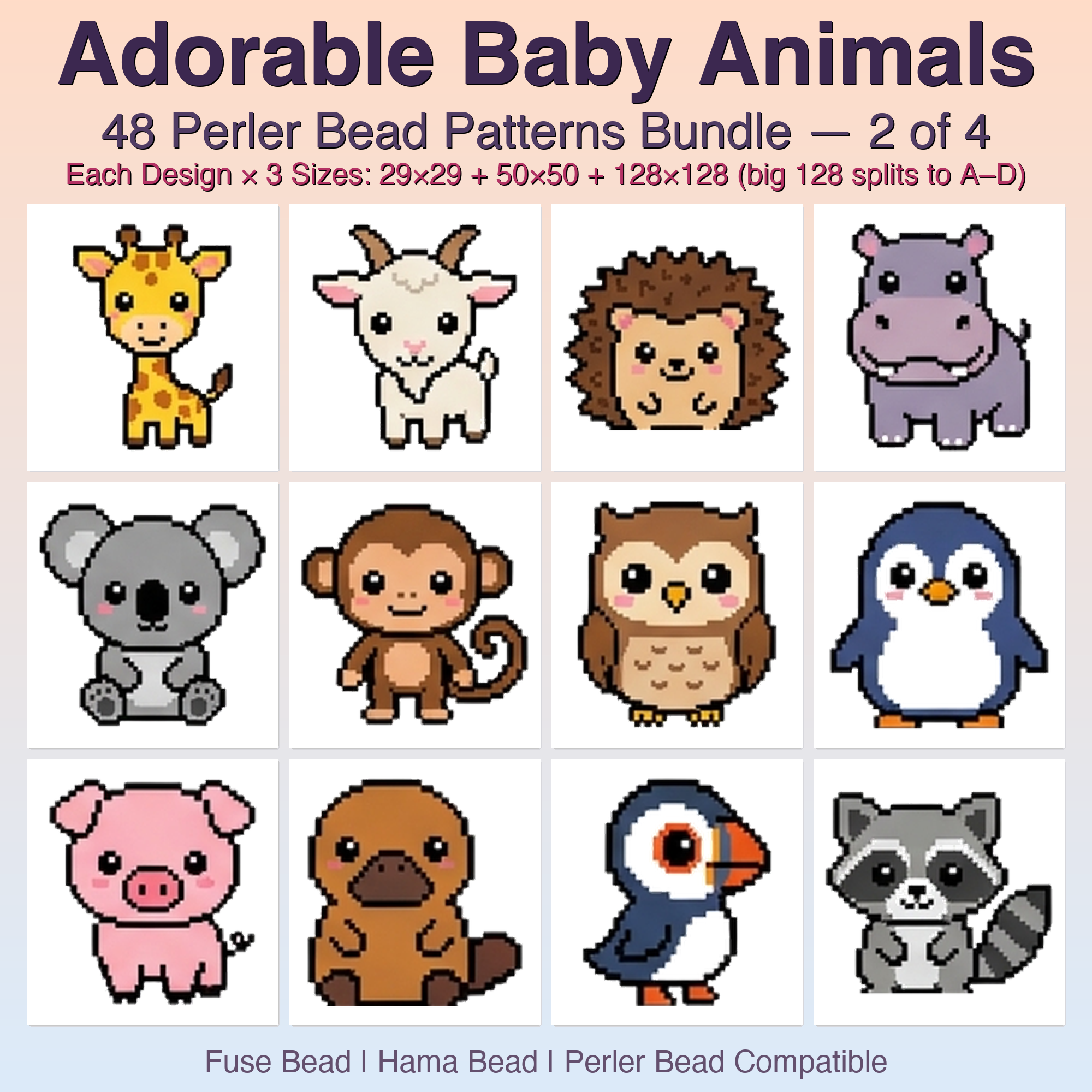 Adorable Baby Animals Perler Bead Patterns, 48 Designs x 3 Grid Sizes (29x29 + 50x50 + 128x128), Fuse Bead PDF Digital Download