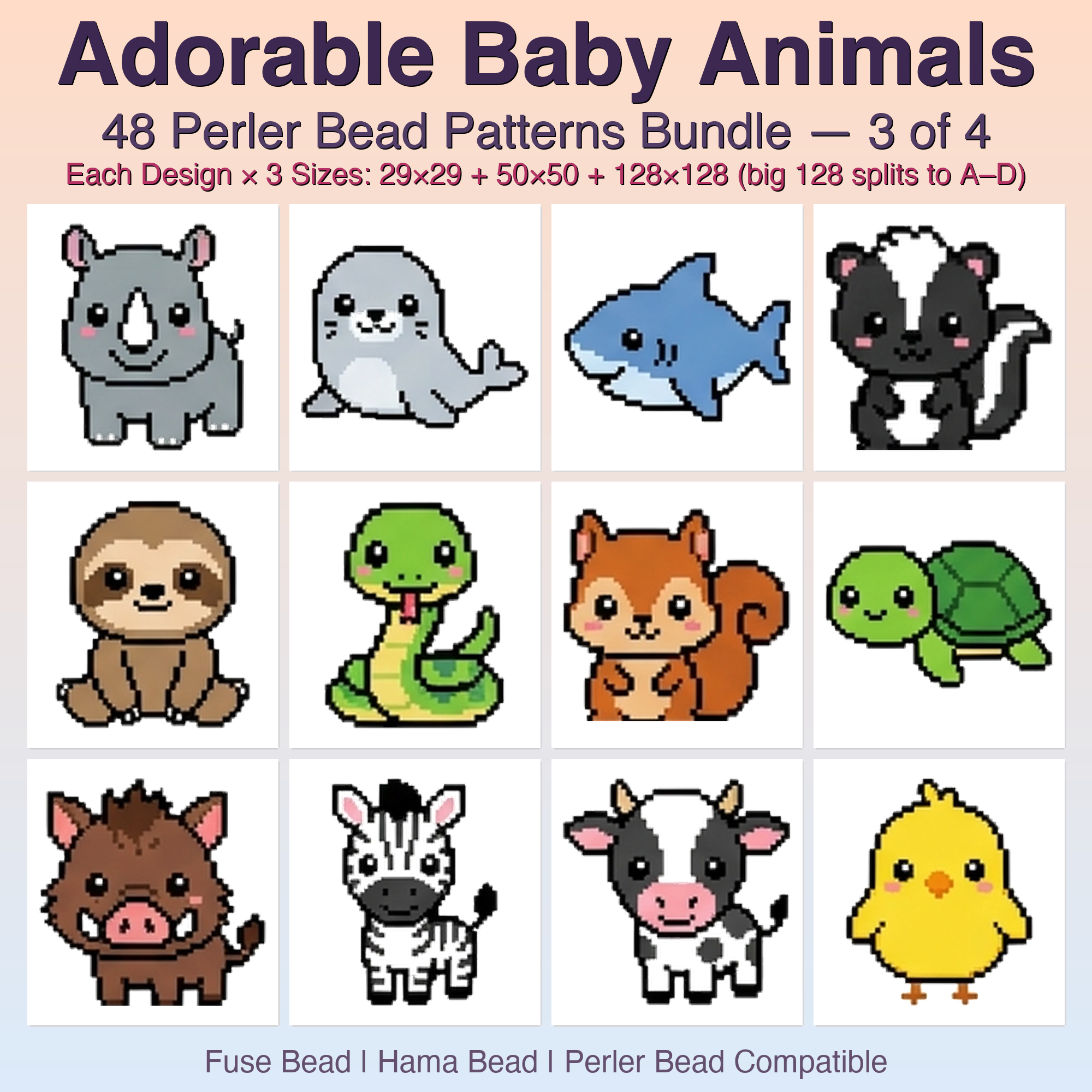 Adorable Baby Animals Perler Bead Patterns, 48 Designs x 3 Grid Sizes (29x29 + 50x50 + 128x128), Fuse Bead PDF Digital Download