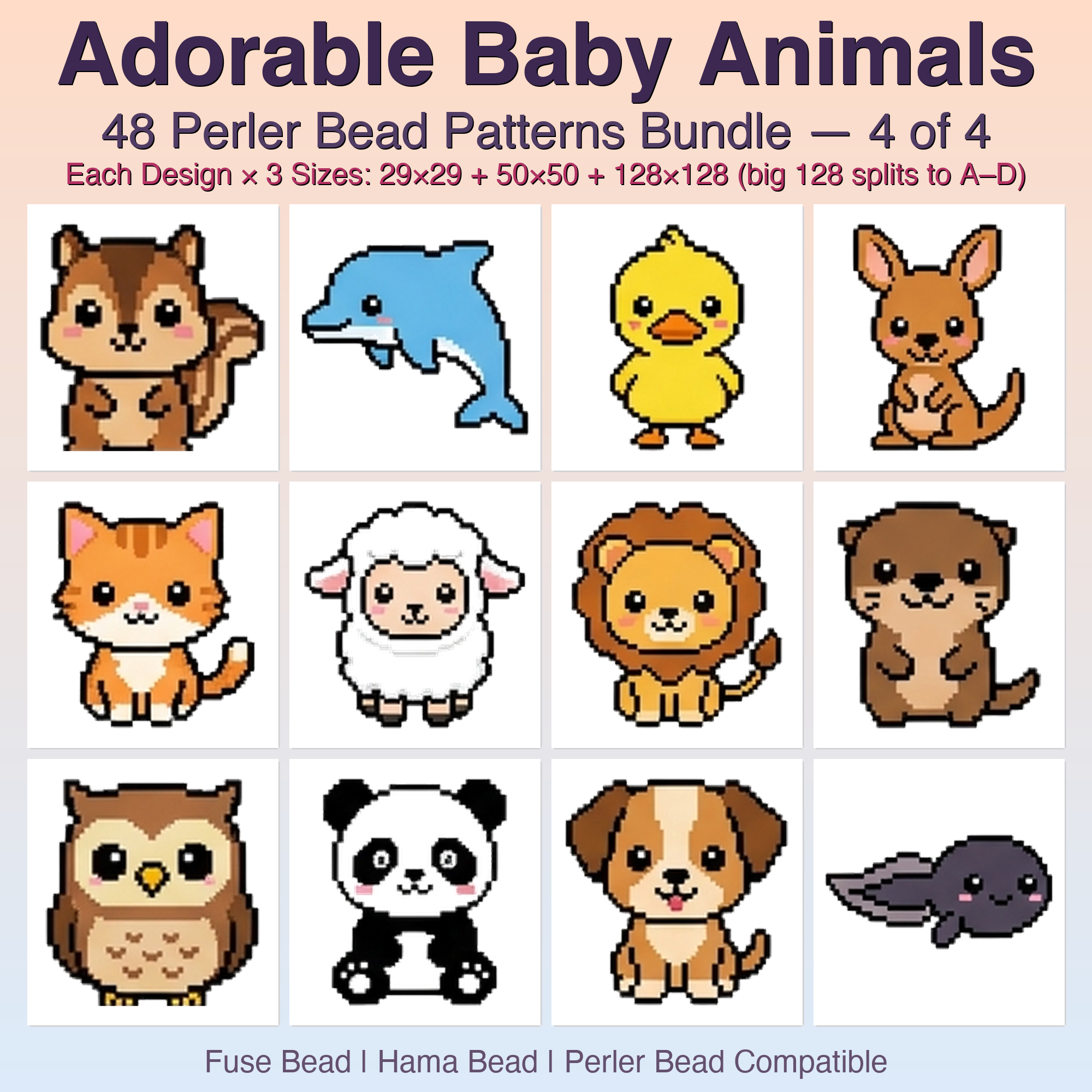 Adorable Baby Animals Perler Bead Patterns, 48 Designs x 3 Grid Sizes (29x29 + 50x50 + 128x128), Fuse Bead PDF Digital Download