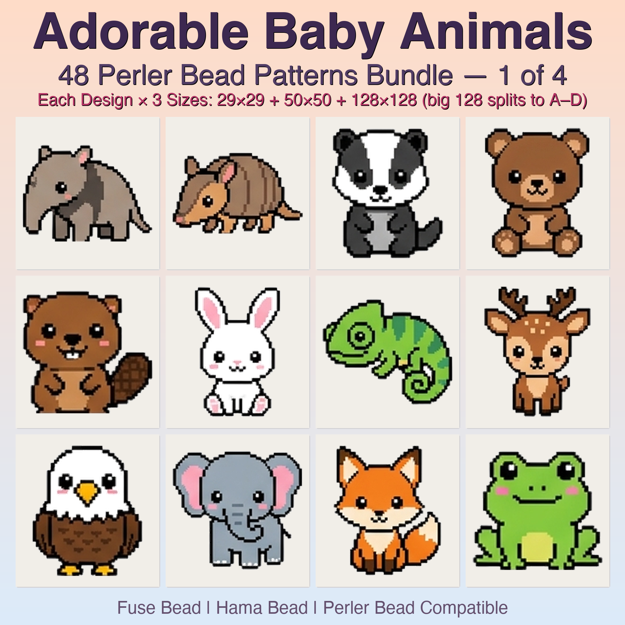 Adorable Baby Animals Perler Bead Patterns, 48 Designs x 3 Grid Sizes (29x29 + 50x50 + 128x128), Fuse Bead PDF Digital Download