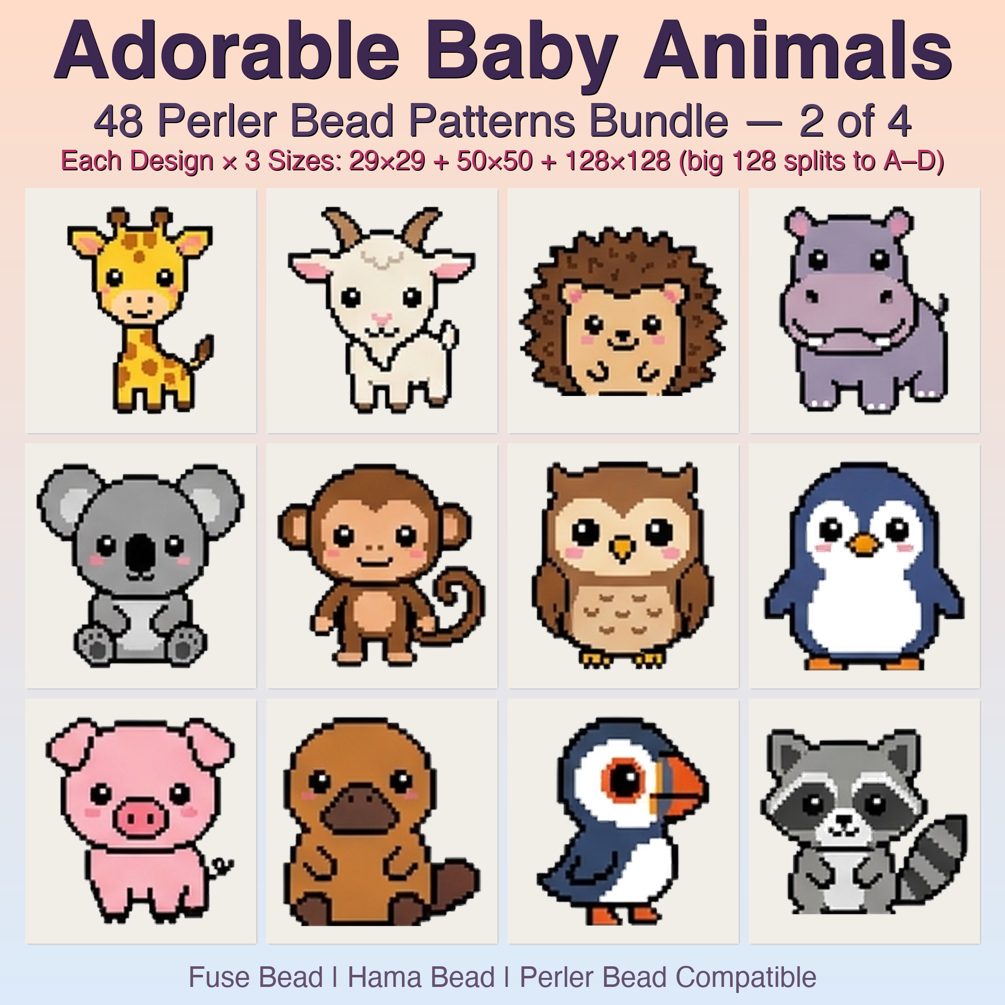 Adorable Baby Animals Perler Bead Patterns, 48 Designs x 3 Grid Sizes (29x29 + 50x50 + 128x128), Fuse Bead PDF Digital Download