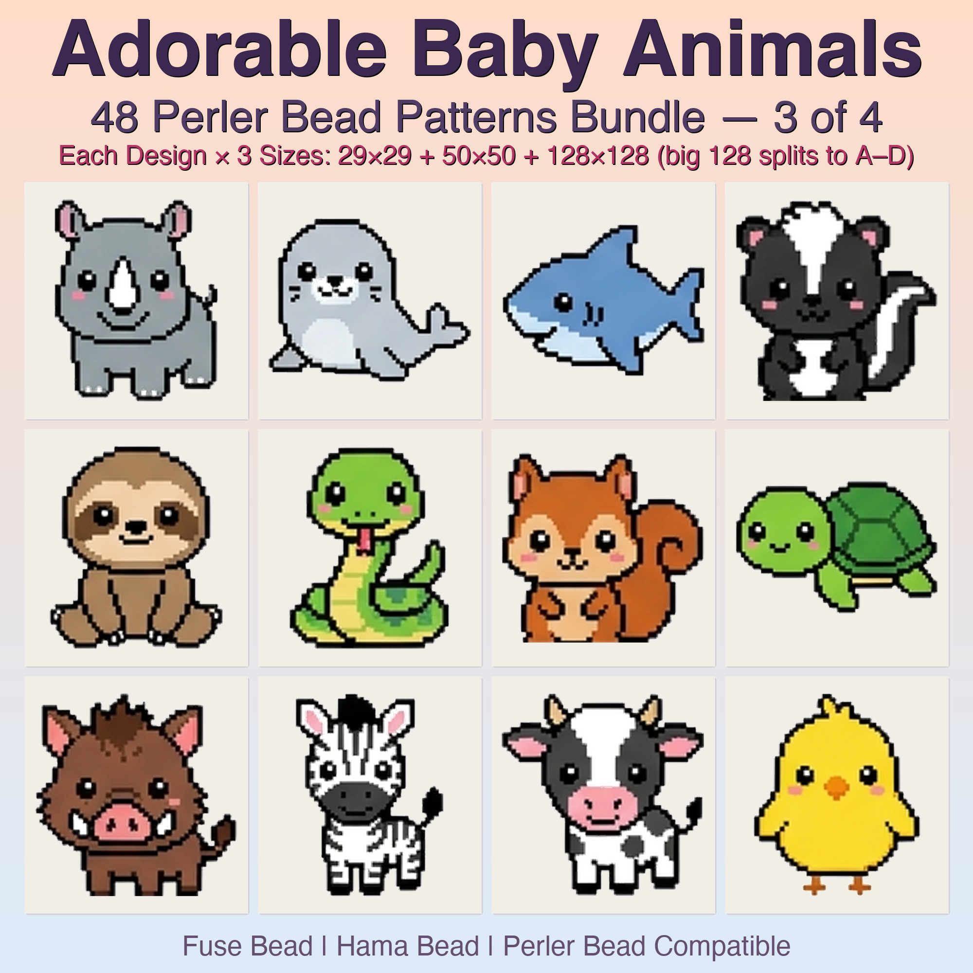 Adorable Baby Animals Perler Bead Patterns, 48 Designs x 3 Grid Sizes (29x29 + 50x50 + 128x128), Fuse Bead PDF Digital Download