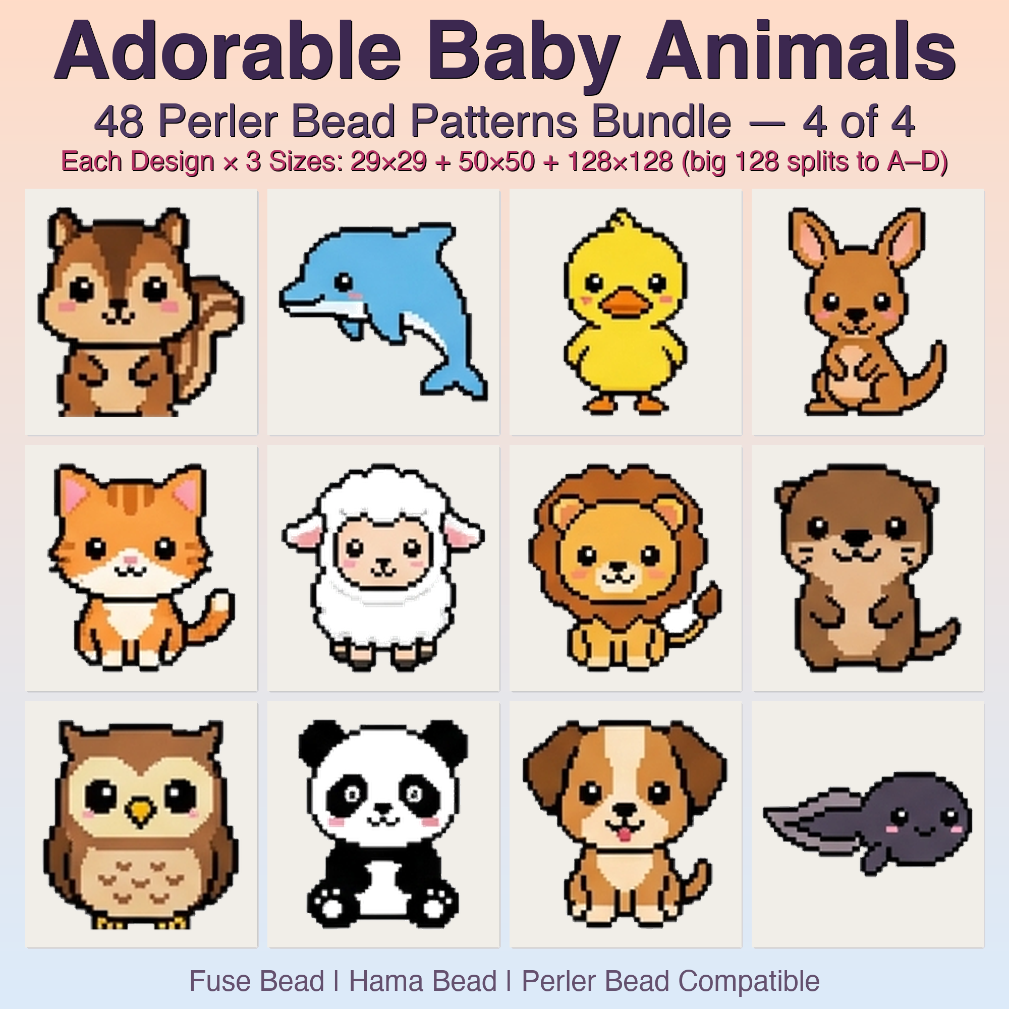 Adorable Baby Animals Perler Bead Patterns, 48 Designs x 3 Grid Sizes (29x29 + 50x50 + 128x128), Fuse Bead PDF Digital Download