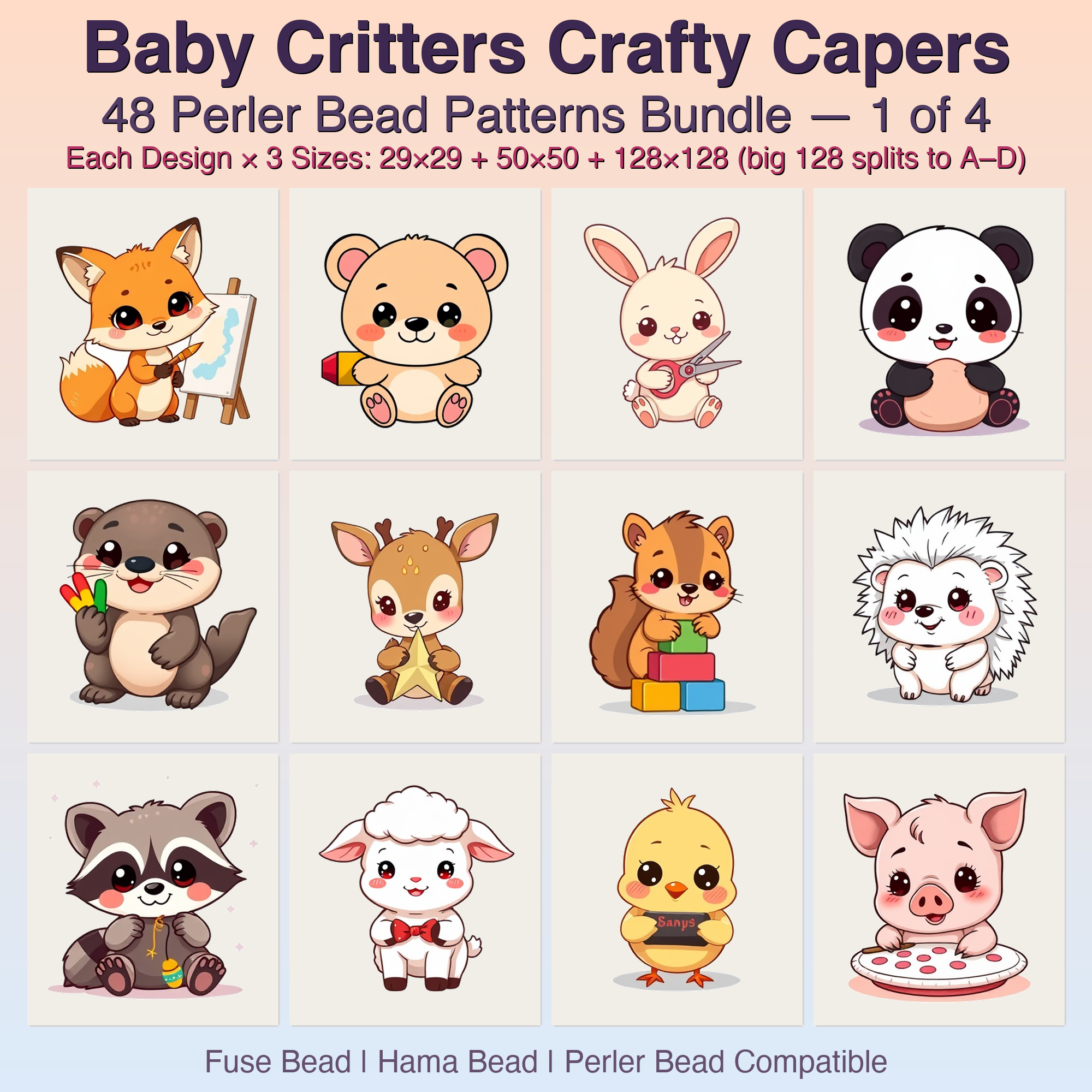 Baby Critters Crafty Capers Perler Bead Patterns, 48 Designs x 3 Grid Sizes (29x29 + 50x50 + 128x128), Fuse Bead PDF Digital Download