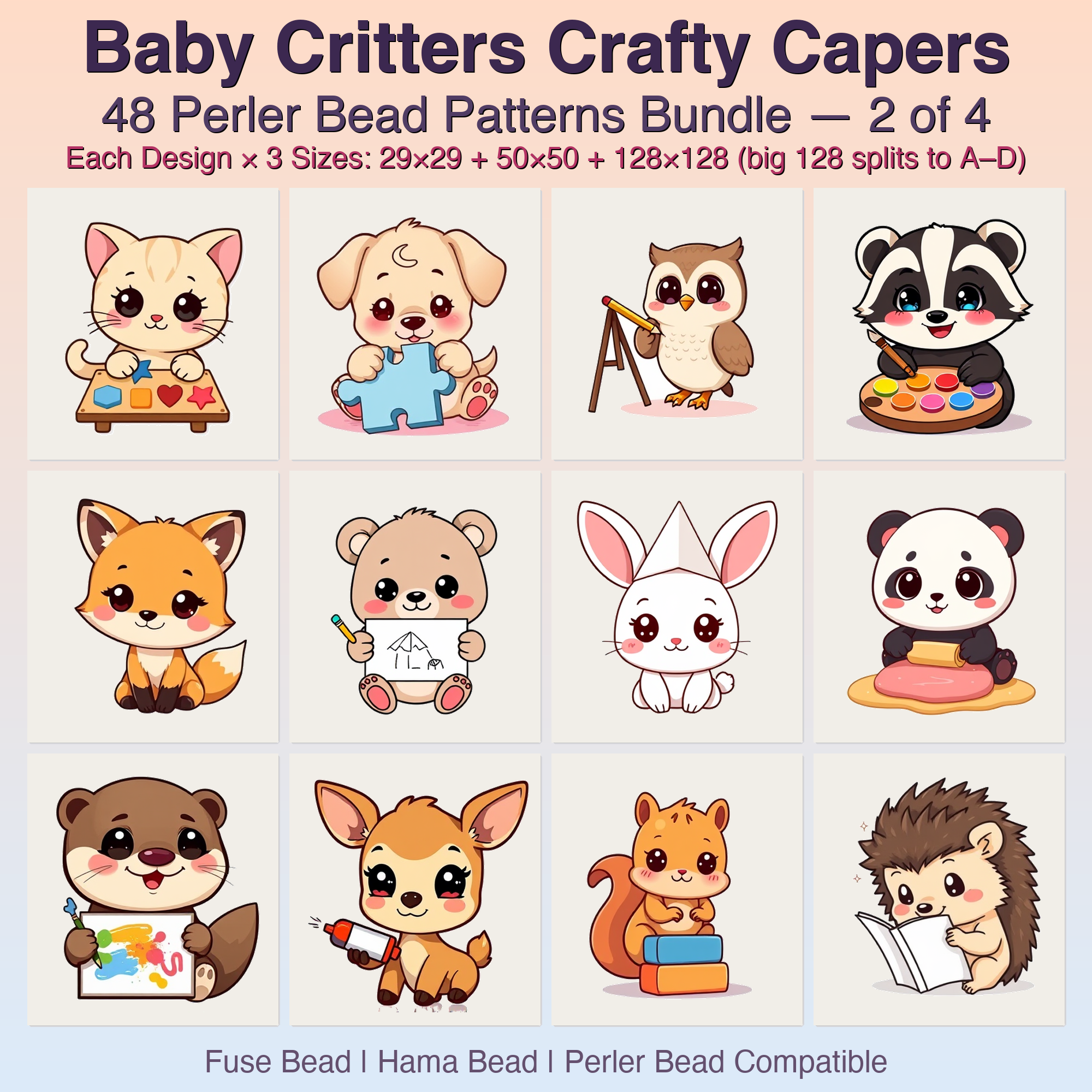 Baby Critters Crafty Capers Perler Bead Patterns, 48 Designs x 3 Grid Sizes (29x29 + 50x50 + 128x128), Fuse Bead PDF Digital Download