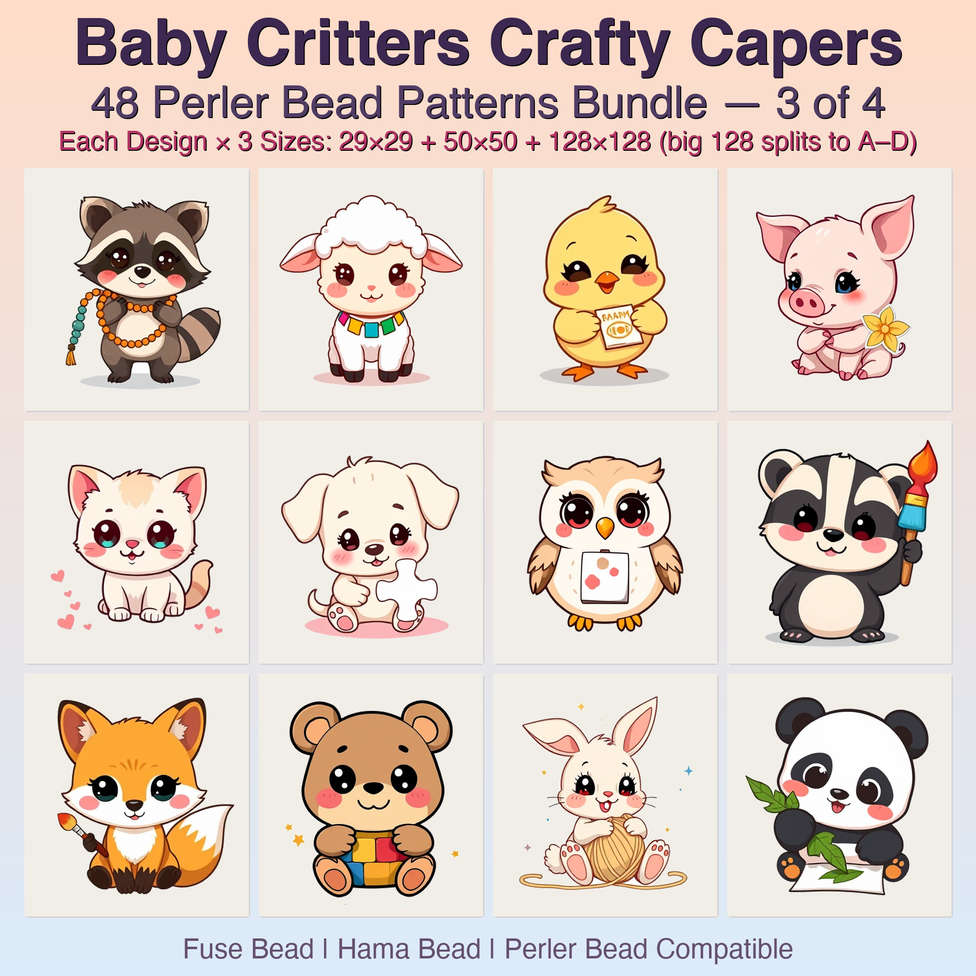 Baby Critters Crafty Capers Perler Bead Patterns, 48 Designs x 3 Grid Sizes (29x29 + 50x50 + 128x128), Fuse Bead PDF Digital Download