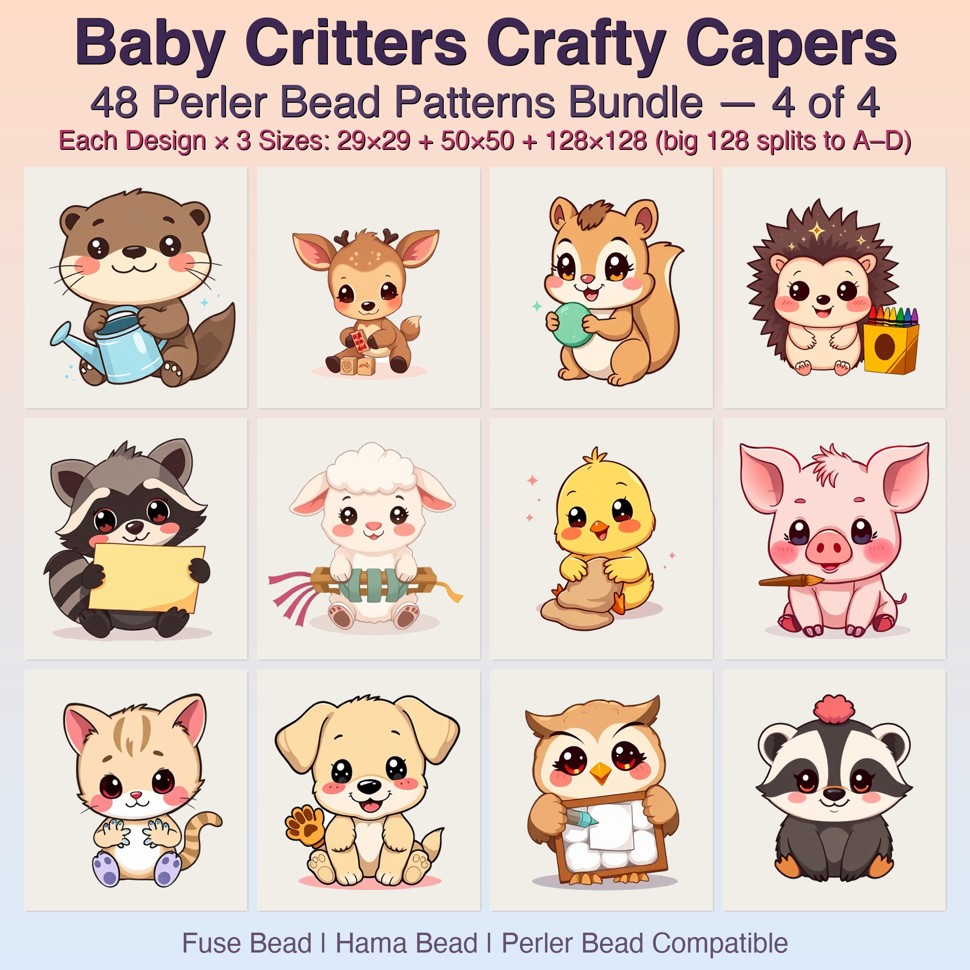 Baby Critters Crafty Capers Perler Bead Patterns, 48 Designs x 3 Grid Sizes (29x29 + 50x50 + 128x128), Fuse Bead PDF Digital Download