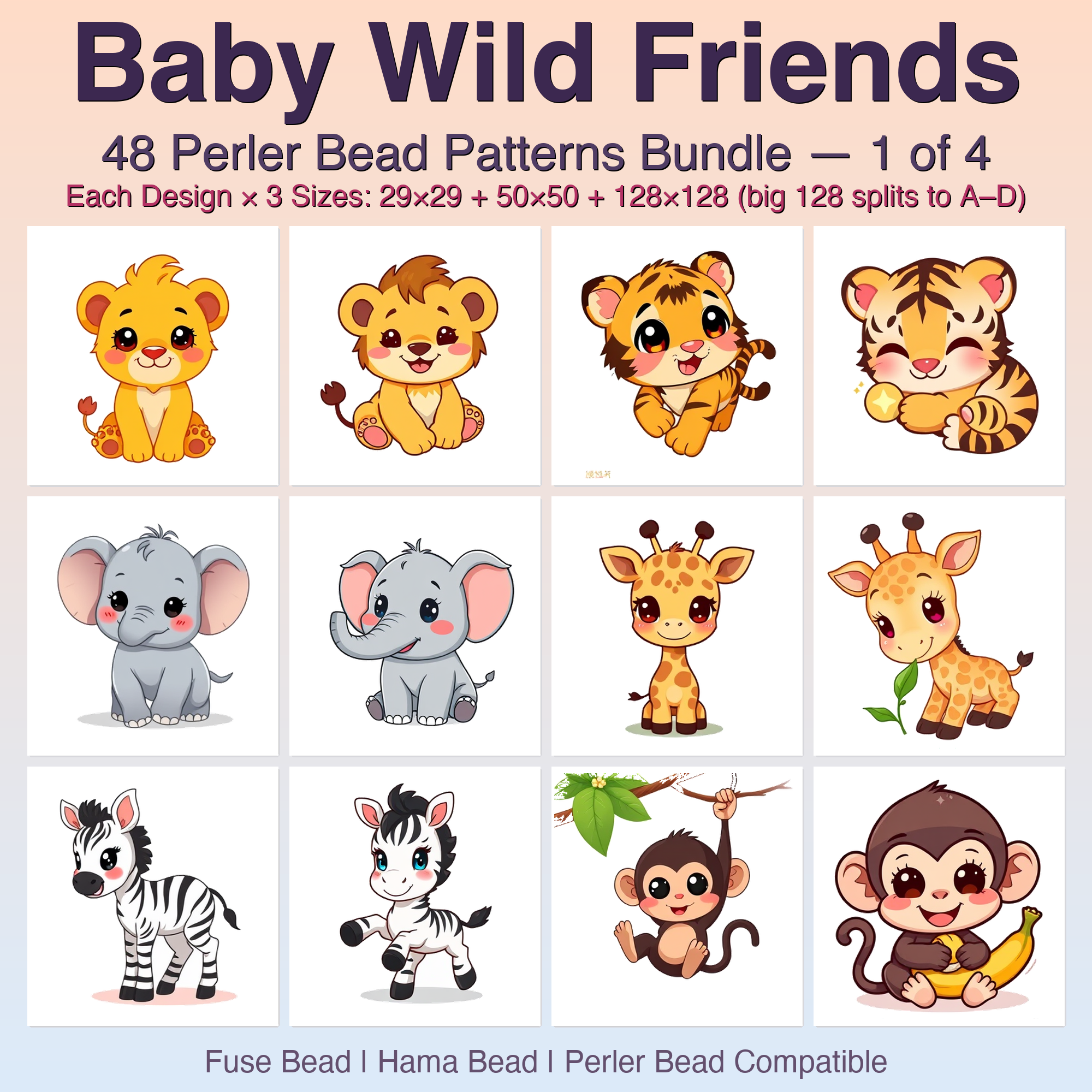 Baby Wild Friends Perler Bead Patterns Bundle, 48 Designs (PDF Digital Download)